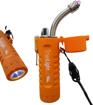 TrueLightEssentials Electric Rechargeable Plasma Lighter - Waterproof USB Arc Lighters with Flashlight LED Battery Indicator and Flexible Neck for Candle Survival Camping Emergency (Orange, Long)