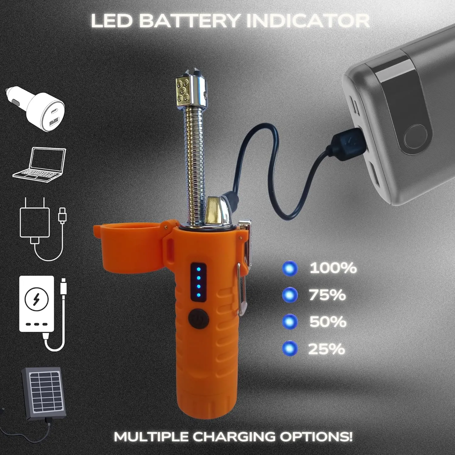 TrueLightEssentials Electric Rechargeable Plasma Lighter - Waterproof USB Arc Lighters with Flashlight LED Battery Indicator and Flexible Neck for Candle Survival Camping Emergency (Orange, Long)
