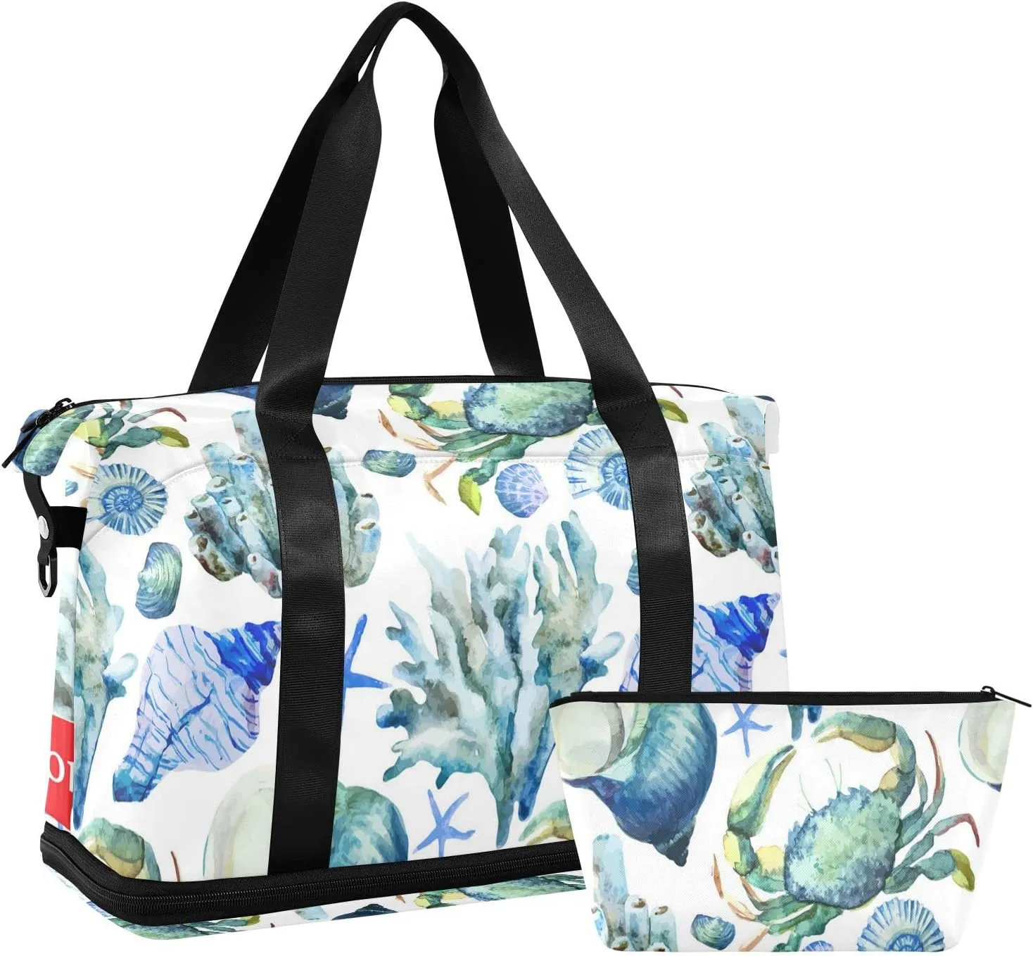 Turquoise Sea Ocean Shell Coral Crab Seamless Foldable Travel Bag, Camping Luggage bag, Portable Gym Bag, Sports Bag, Toiletry Bag with Handles Adjustable Shoulder Strap