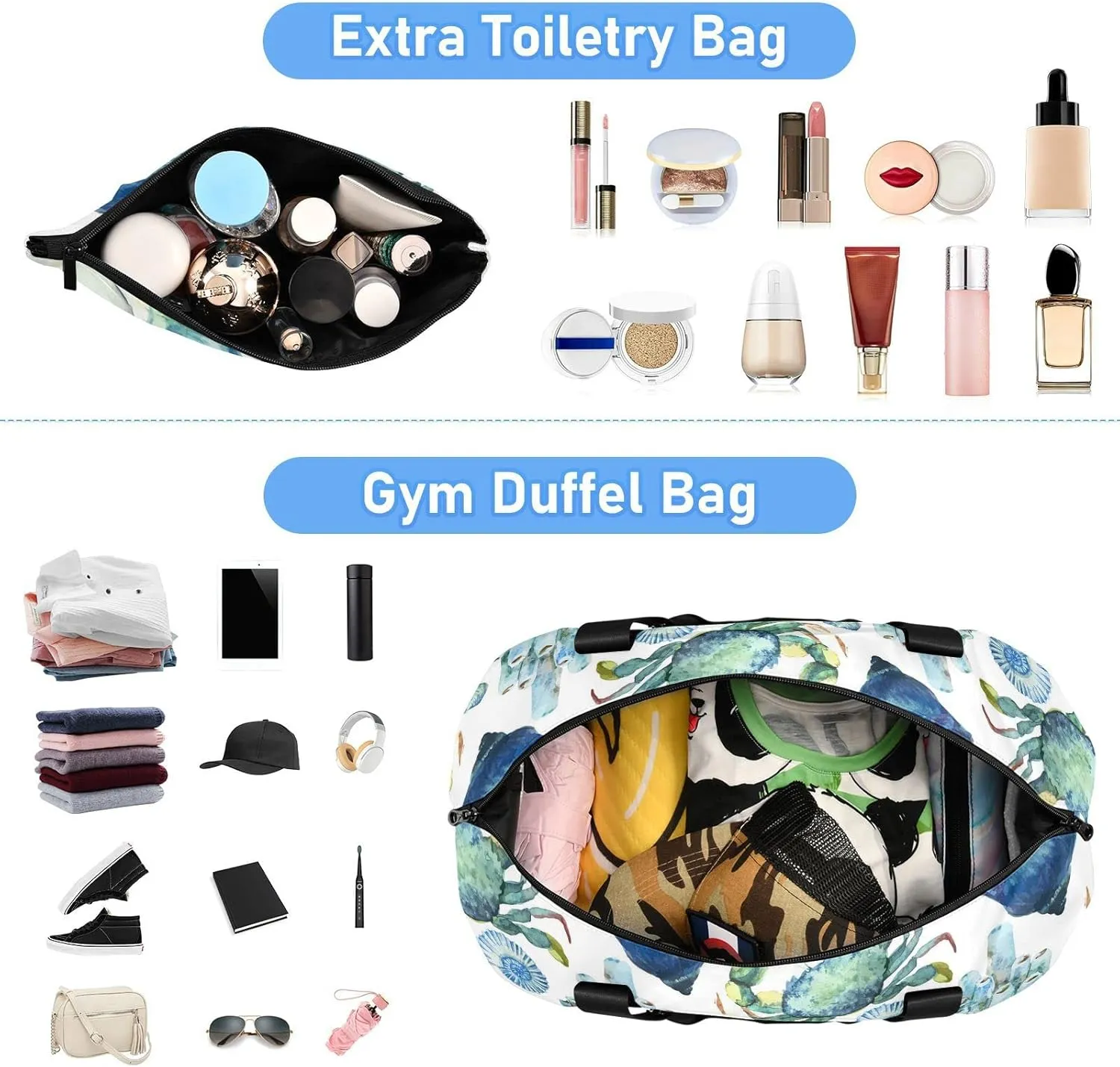 Turquoise Sea Ocean Shell Coral Crab Seamless Foldable Travel Bag, Camping Luggage bag, Portable Gym Bag, Sports Bag, Toiletry Bag with Handles Adjustable Shoulder Strap