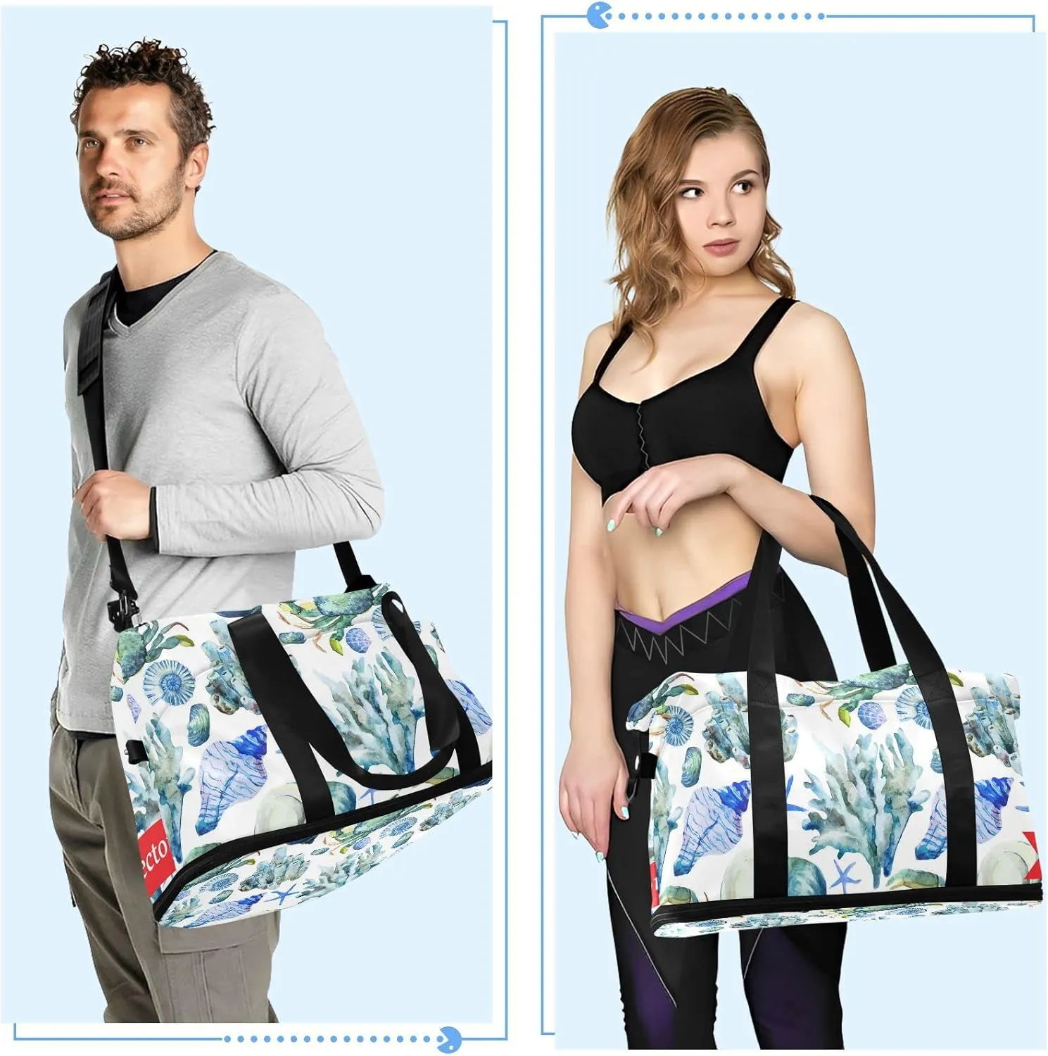 Turquoise Sea Ocean Shell Coral Crab Seamless Foldable Travel Bag, Camping Luggage bag, Portable Gym Bag, Sports Bag, Toiletry Bag with Handles Adjustable Shoulder Strap