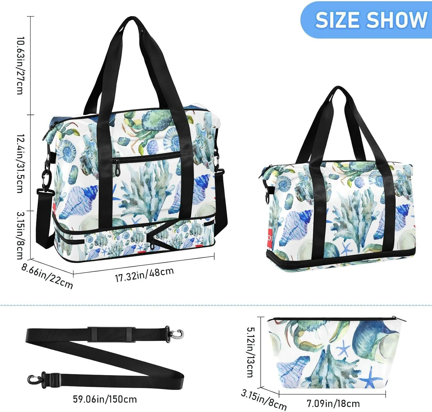 Turquoise Sea Ocean Shell Coral Crab Seamless Foldable Travel Bag, Camping Luggage bag, Portable Gym Bag, Sports Bag, Toiletry Bag with Handles Adjustable Shoulder Strap