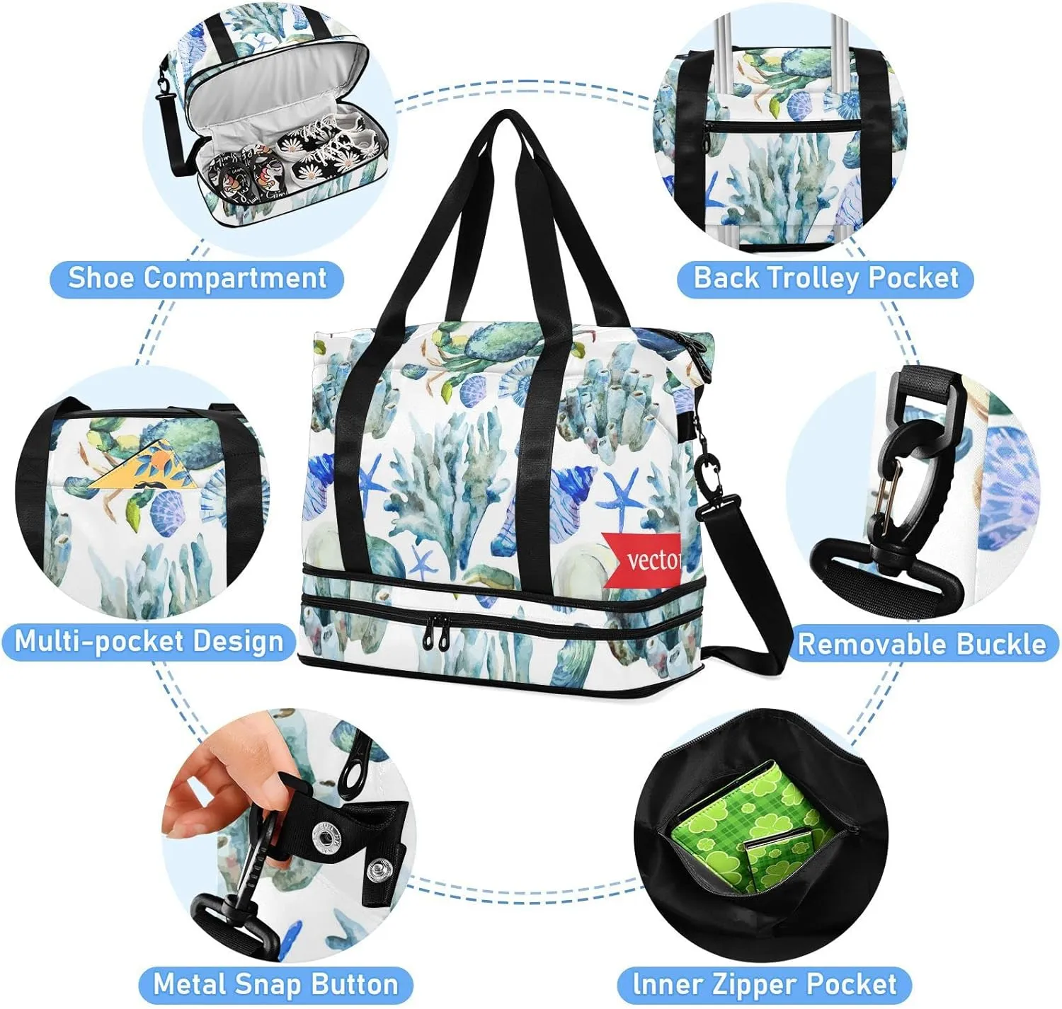 Turquoise Sea Ocean Shell Coral Crab Seamless Foldable Travel Bag, Camping Luggage bag, Portable Gym Bag, Sports Bag, Toiletry Bag with Handles Adjustable Shoulder Strap