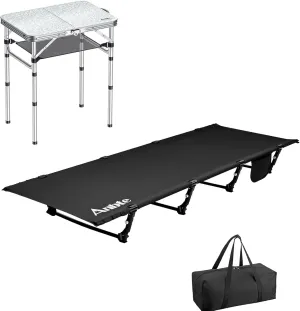 Ultralight Camping Cot Save Effort, Comfortable Camping Bed Supports 350 Lbs with Side Pocket & Folding Camping Table, Aluminum 24" x 16" Adjustable Height