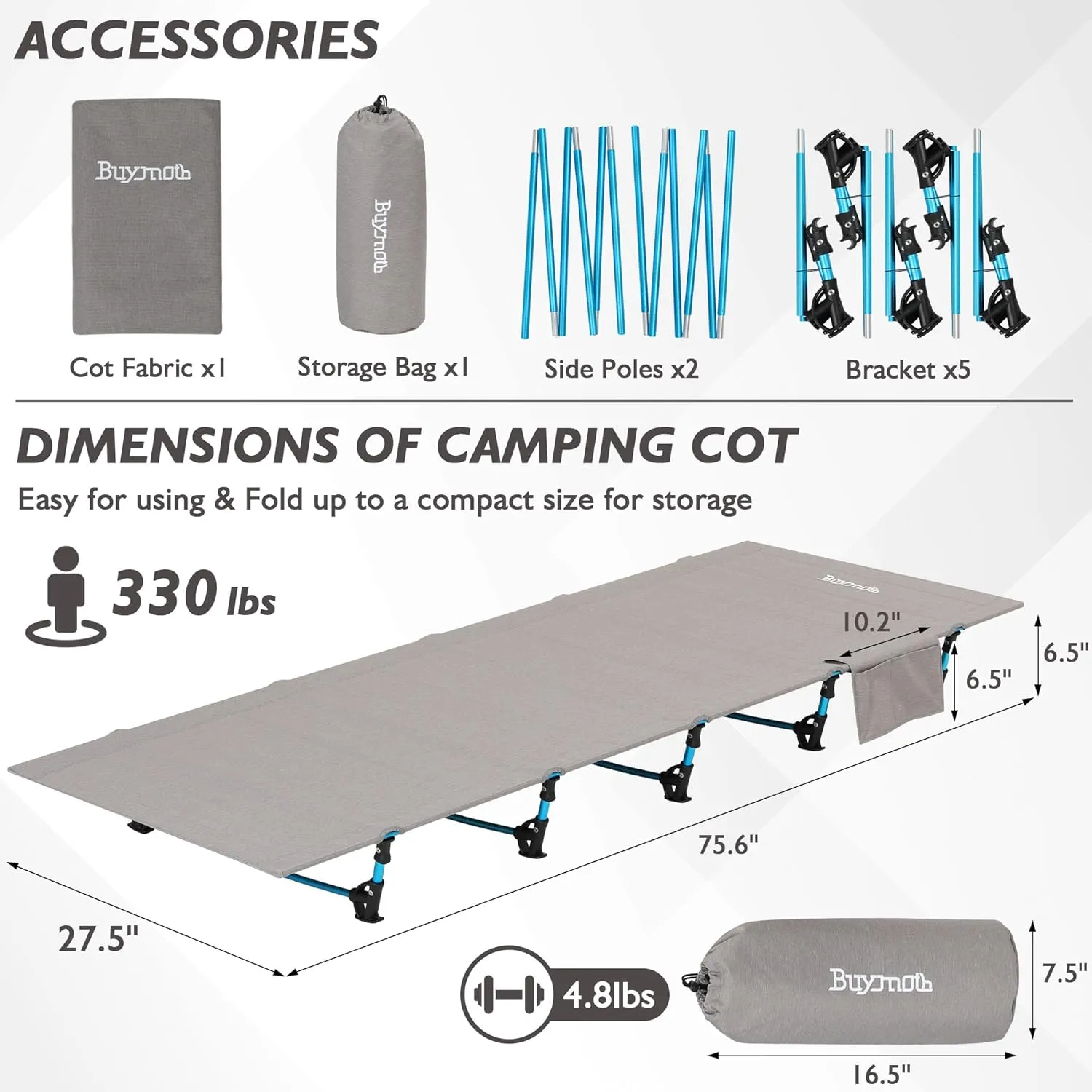 Ultralight Folding Tent Camping Cot Bed Lightweight Backpacking Cot Without Tools Hiking Cot Portable Camping Bed for Adults Camping Hiking, Travel, Home, Grey