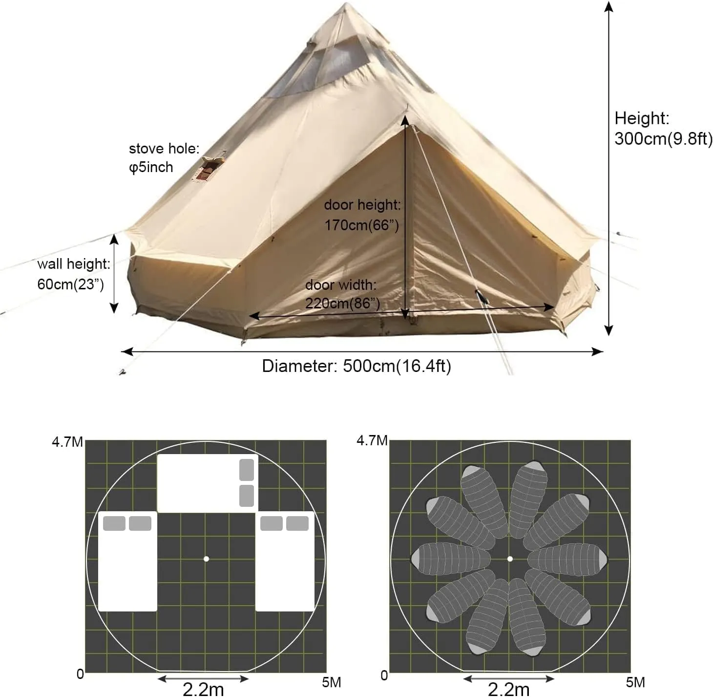 UNISTRENGH 5M Star Gazer Bell Tent 4 Season Waterproof Cotton Canvas Glamping Yurt Tent with Stove Jack Hole and Roof Windows for 6-8 Persons Camping Hunting