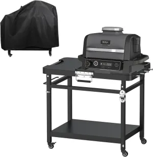 Universal Grill Stand for Ninja Woodfire Outdoor Grill,Portable Foldable Grill Cart Table for XSKUNSTAND OG700 OG800 OG900 OO101 SER Smoker Pizza Oven Accessories with 4 Wheels & Grill Cover