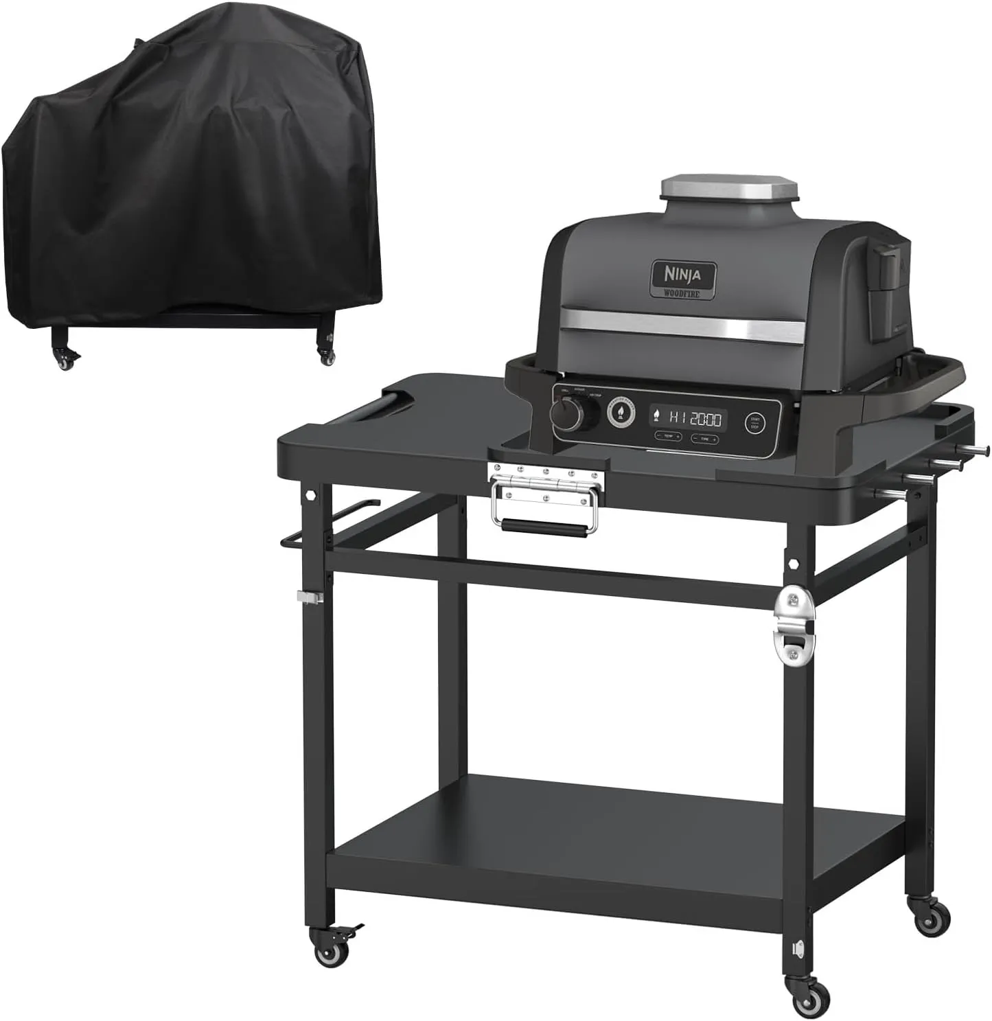 Universal Grill Stand for Ninja Woodfire Outdoor Grill,Portable Foldable Grill Cart Table for XSKUNSTAND OG700 OG800 OG900 OO101 SER Smoker Pizza Oven Accessories with 4 Wheels & Grill Cover