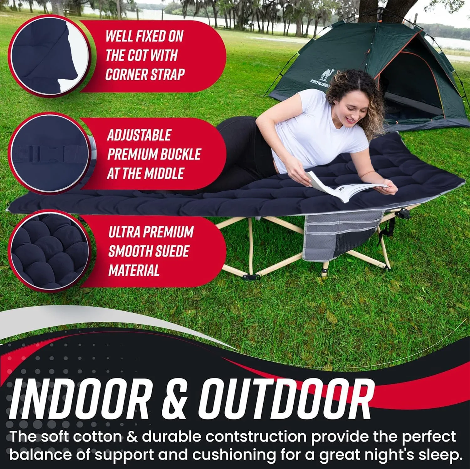 VaygWay Foldable Outdoor Camping Cot and Cot Pad Mattress- Soft Comfortable Lightweight Thick Cotton Sleeping Cot- Portable Hiking, Traveling, Backpacking Waterproof Bottom Pad