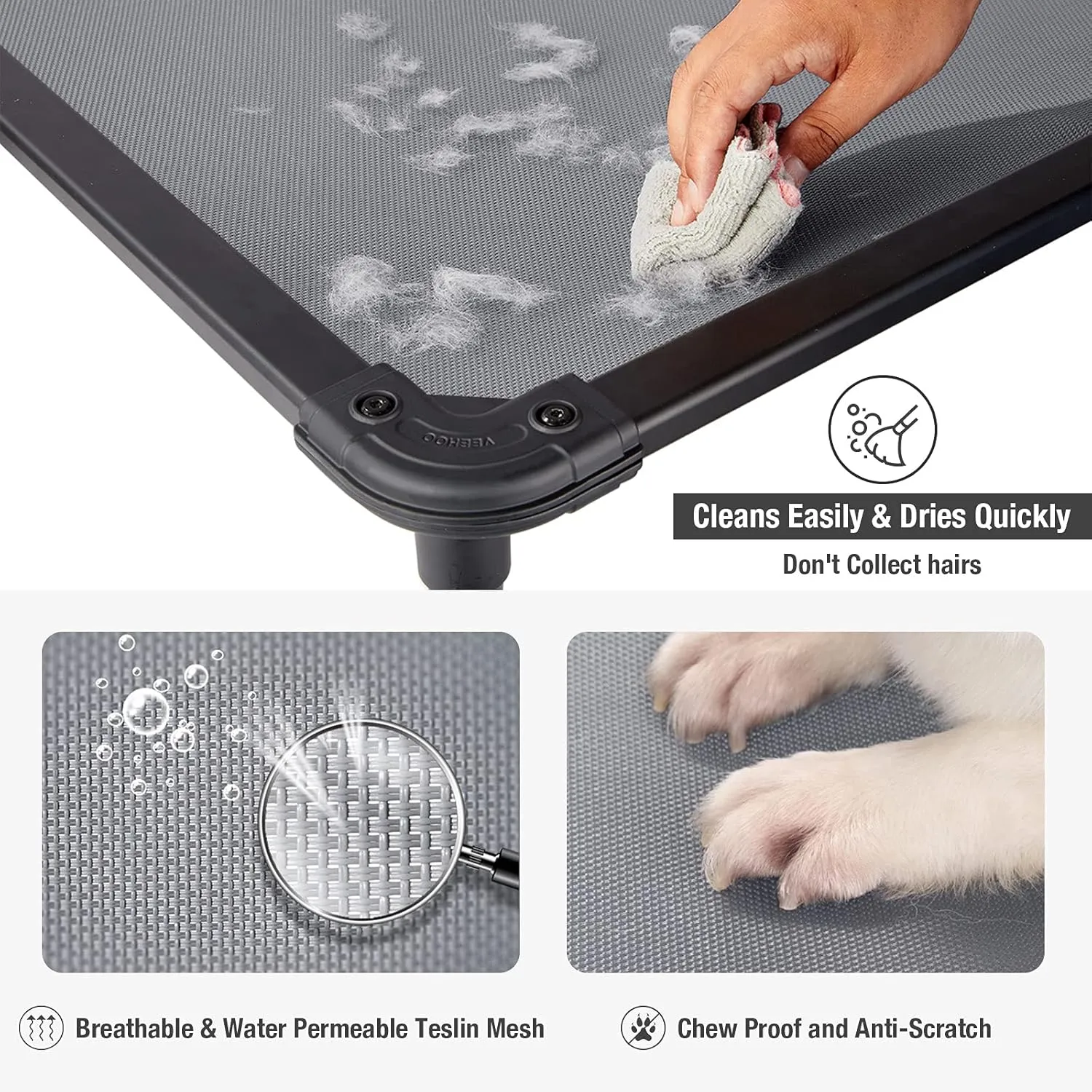 Veehoo Chew Proof Elevated Dog Bed - Cooling Raised Pet Cot - Rustless Aluminum Frame and Durable Textilene Mesh, Unique Designed No-Slip Feet for Indoor or Outdoor Use, Grey, X-Large, CWC2002