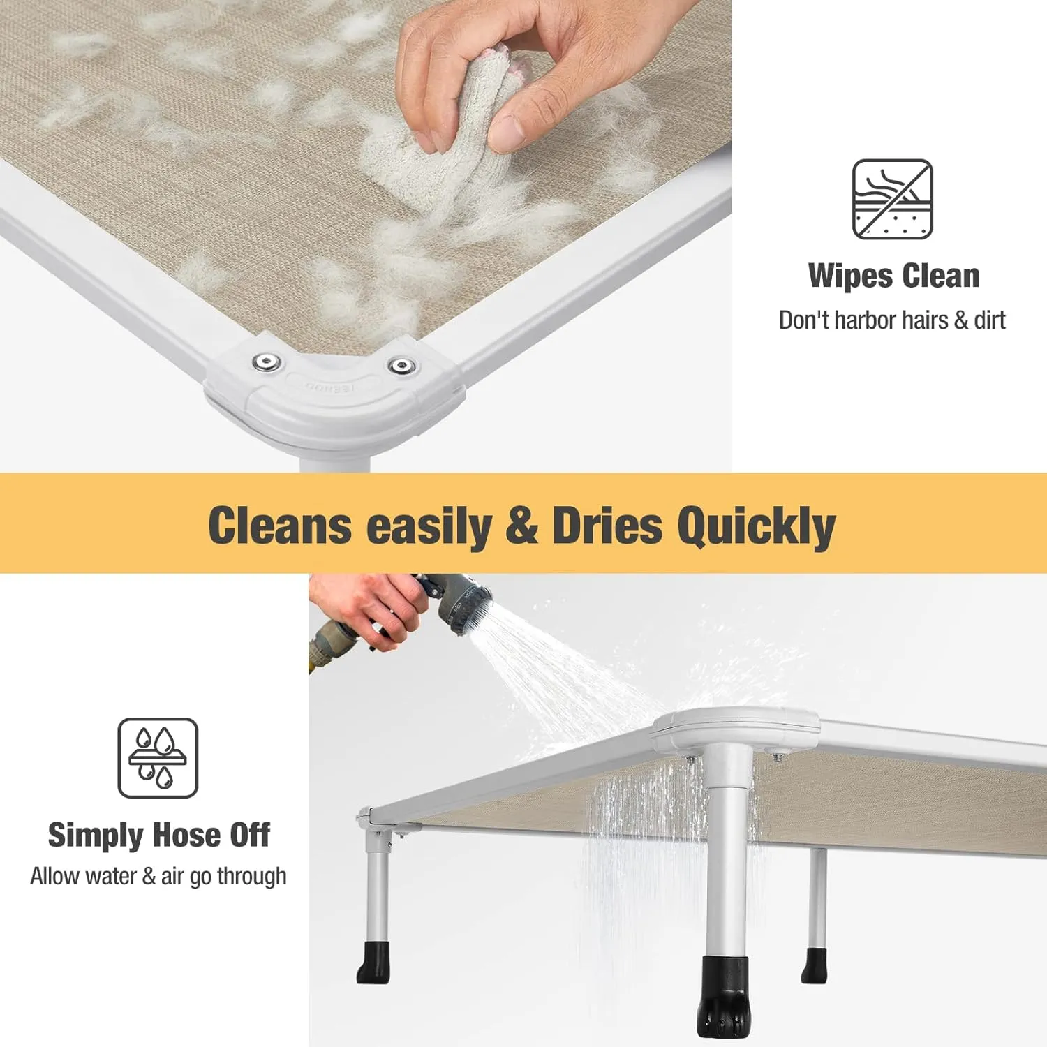 Veehoo Chew Proof Elevated Dog Bed - Cooling Raised Pet Cot - Silver Aluminum Frame and Durable Textilene Mesh Fabric, Unique Designed No-Slip Feet for Indoor or Outdoor Use, Beige Coffee, Large