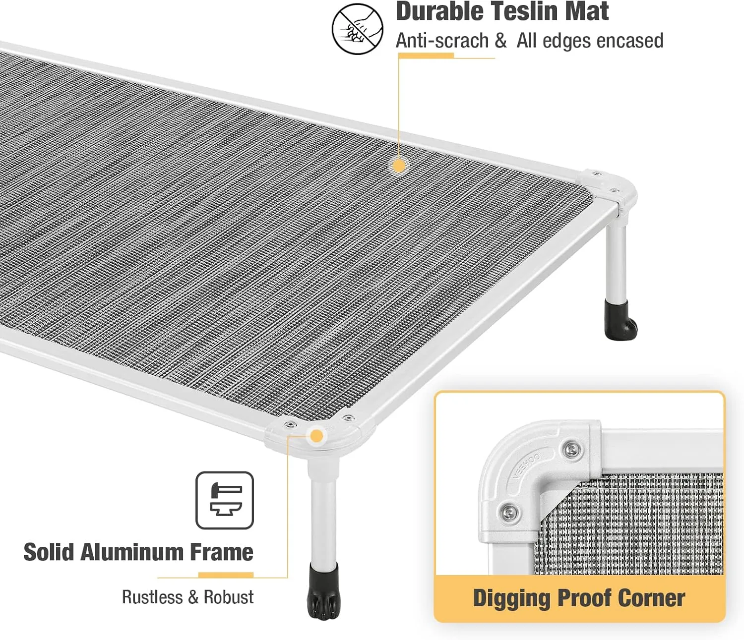 Veehoo Chew Proof Elevated Dog Bed - Cooling Raised Pet Cot - Silver Aluminum Frame and Durable Textilene Mesh Fabric, Unique Designed No-Slip Feet for Indoor or Outdoor Use, Black Silver, X Large