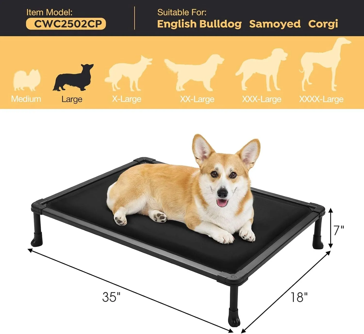 Veehoo Chewproof Elevated Dog Bed, Durable Raised Pet Cot with Soft PP Cotton-Filled Waterproof Mat, Washable Padded Cot for Indoor, Outdoor & Camping, 35-Inch, Black