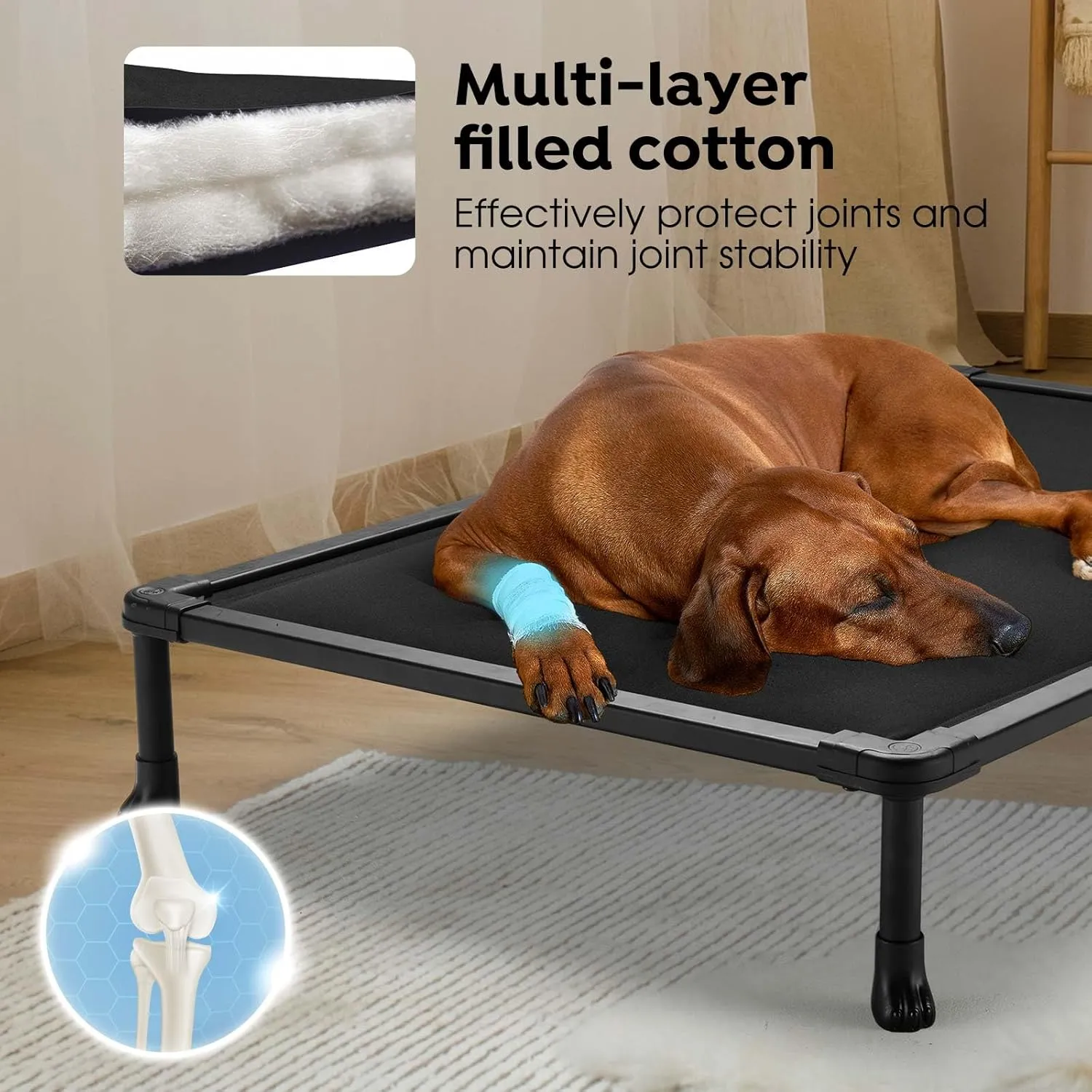 Veehoo Chewproof Elevated Dog Bed, Durable Raised Pet Cot with Soft PP Cotton-Filled Waterproof Mat, Washable Padded Cot for Indoor, Outdoor & Camping, 35-Inch, Black