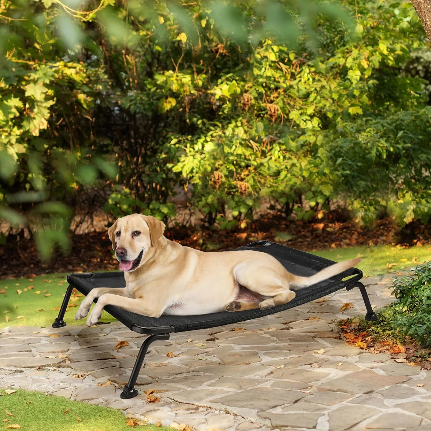 Veehoo Cooling Elevated Bed, Curved Dog Cot for Deep Sleep, Durable & Breathable, Camping Dog Hammock with Adjustable Feet for Uneven Ground, Raised for Large Dogs, Black