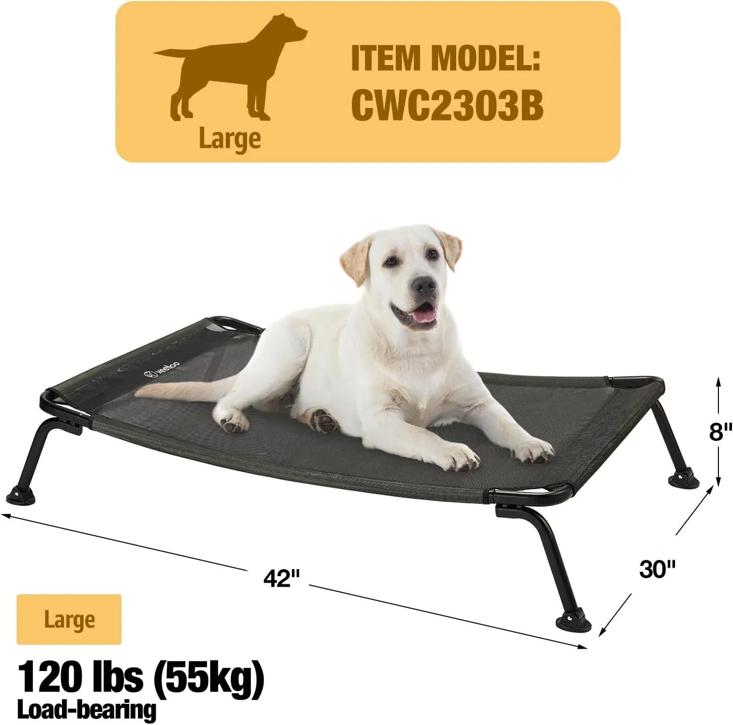 Veehoo Cooling Elevated Bed, Curved Dog Cot for Deep Sleep, Durable & Breathable, Camping Dog Hammock with Adjustable Feet for Uneven Ground, Raised for Large Dogs, Black