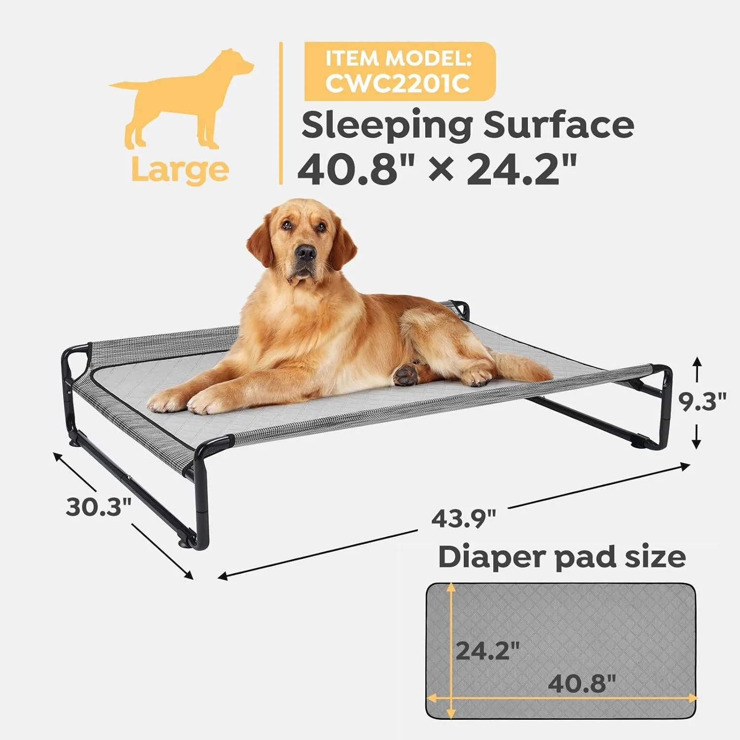 Veehoo Elevated Dog Cot with Washable Dog Pee and Reusable Puppy Pee Pads, Raised Off Ground Hammock Bed for Large Dogs, 100% Waterproof - CWC2201CCP