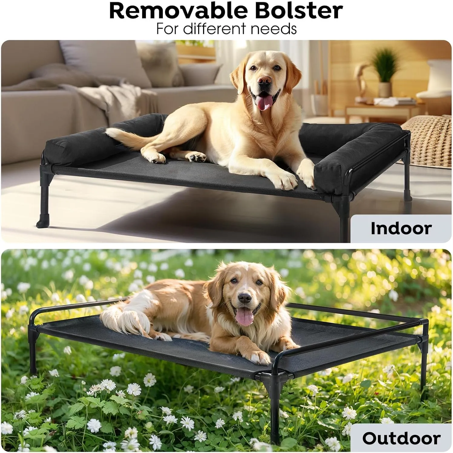 Veehoo Elevated Raised Dog Bed-Cooling Outdoor Dog Cot Bed for Large Sized Dogs Three-Sided Fence Raised Pet Cot with Mesh & No-Slip Feet Dog Hammock Bed with Removable Bolster-41 x 27" Black