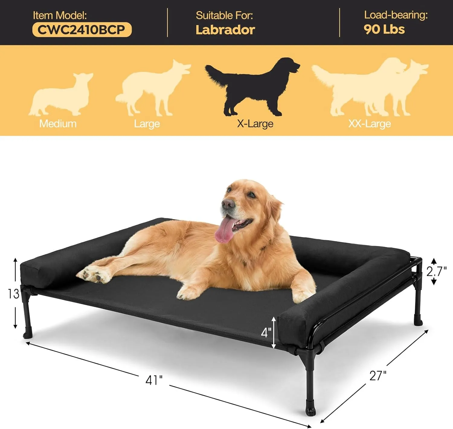 Veehoo Elevated Raised Dog Bed-Cooling Outdoor Dog Cot Bed for Large Sized Dogs Three-Sided Fence Raised Pet Cot with Mesh & No-Slip Feet Dog Hammock Bed with Removable Bolster-41 x 27" Black