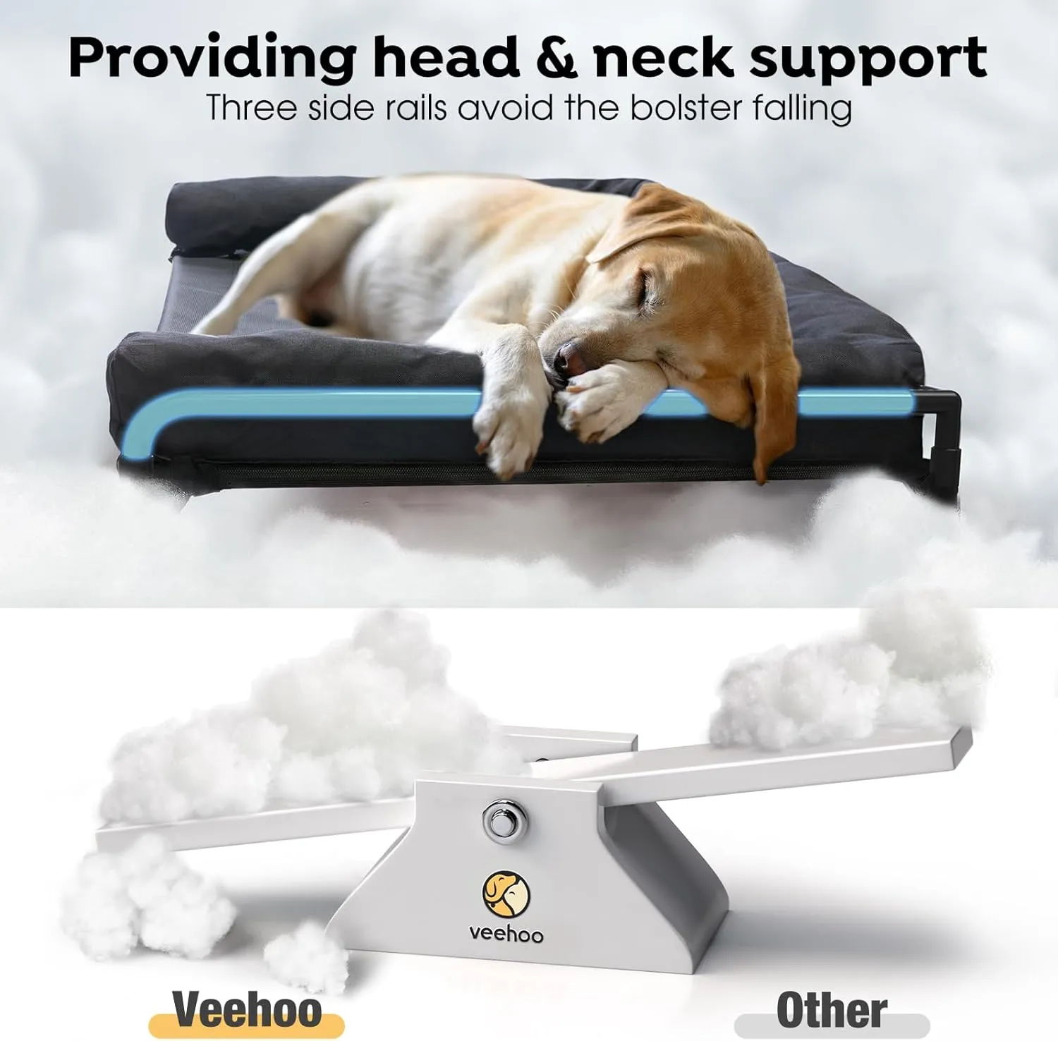 Veehoo Elevated Raised Dog Bed-Cooling Outdoor Dog Cot Bed for Large Sized Dogs Three-Sided Fence Raised Pet Cot with Mesh & No-Slip Feet Dog Hammock Bed with Removable Bolster-41 x 27" Black