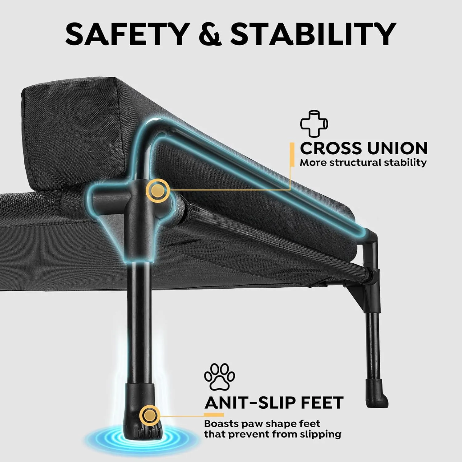 Veehoo Elevated Raised Dog Bed-Cooling Outdoor Dog Cot Bed for Large Sized Dogs Three-Sided Fence Raised Pet Cot with Mesh & No-Slip Feet Dog Hammock Bed with Removable Bolster-41 x 27" Black