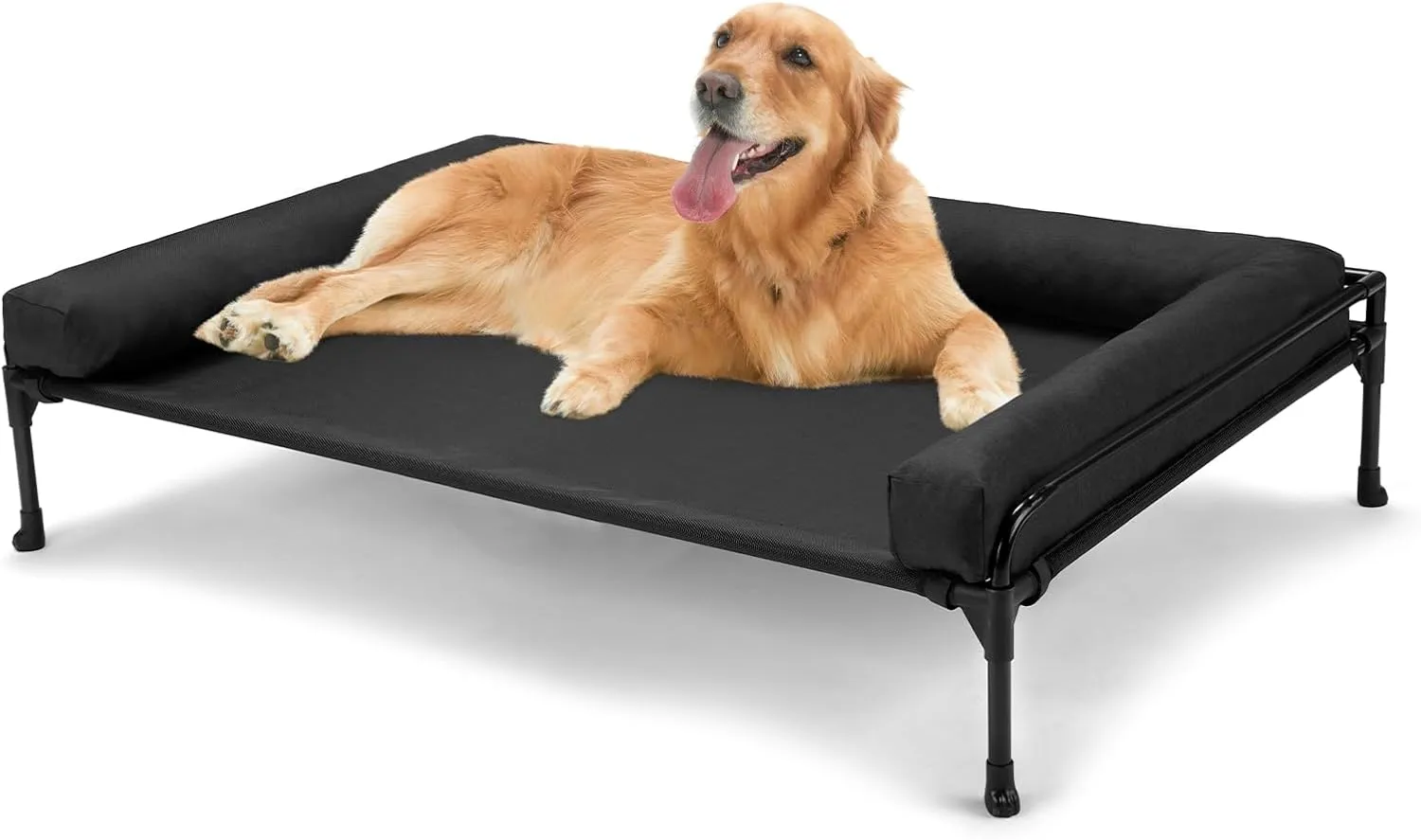 Veehoo Elevated Raised Dog Bed-Cooling Outdoor Dog Cot Bed for Large Sized Dogs Three-Sided Fence Raised Pet Cot with Mesh & No-Slip Feet Dog Hammock Bed with Removable Bolster-41 x 27" Black