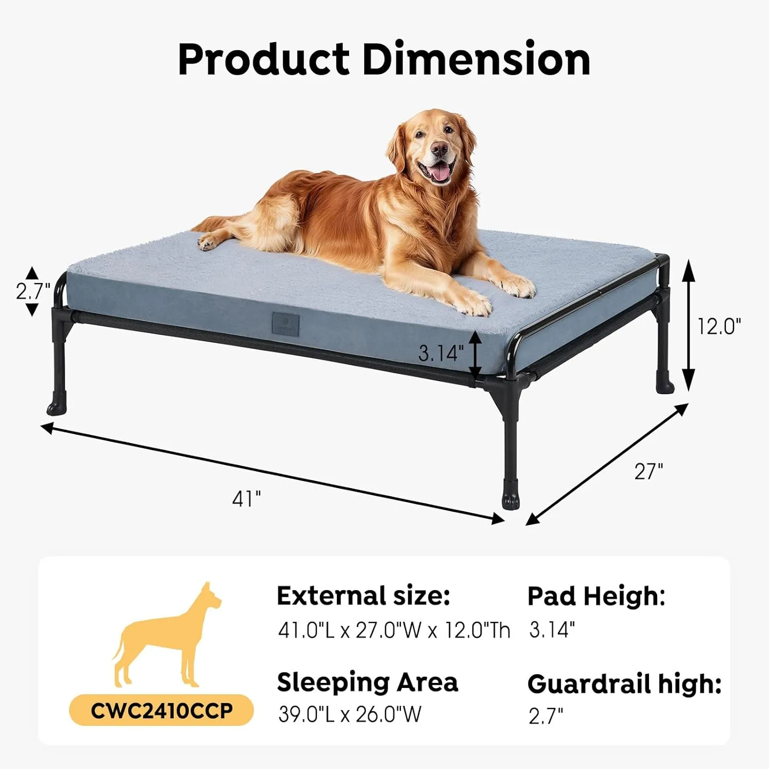 Veehoo Elevated Raised Dog Bed Removable Dog Cot Mat-Cooling Outdoor Large Pet Bed Three-Sided Guardrail Raised Pet Cot Hammock Bed with Bolster-41 x 27" Black