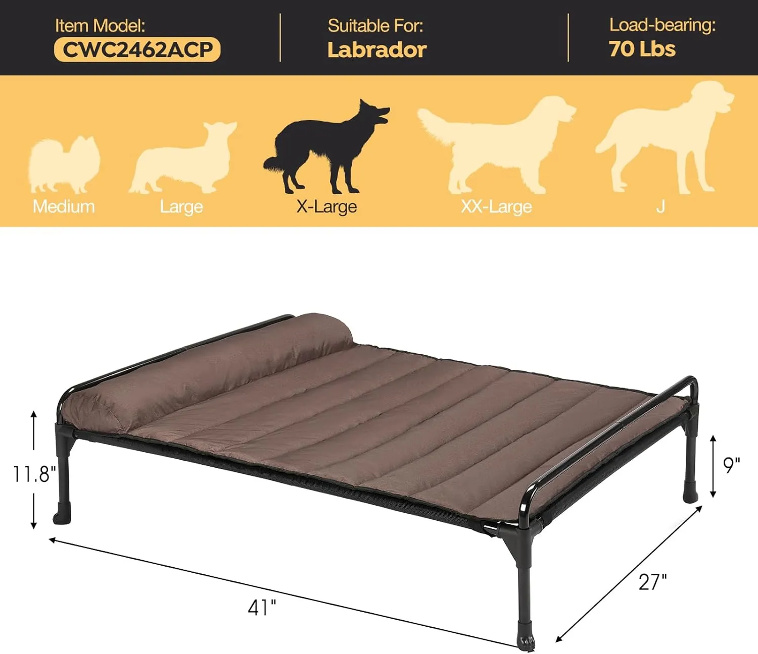 Veehoo Elevated Raised Dog Bed Waterproof Removable Pillow-Top Mat, Cooling Outdoor Dog Cot Bed with Railing for Large Sized Dogs-Pet Cot Dog Hammock Bed Elevated Dog Couch Ded with Bolster-41 x 27"