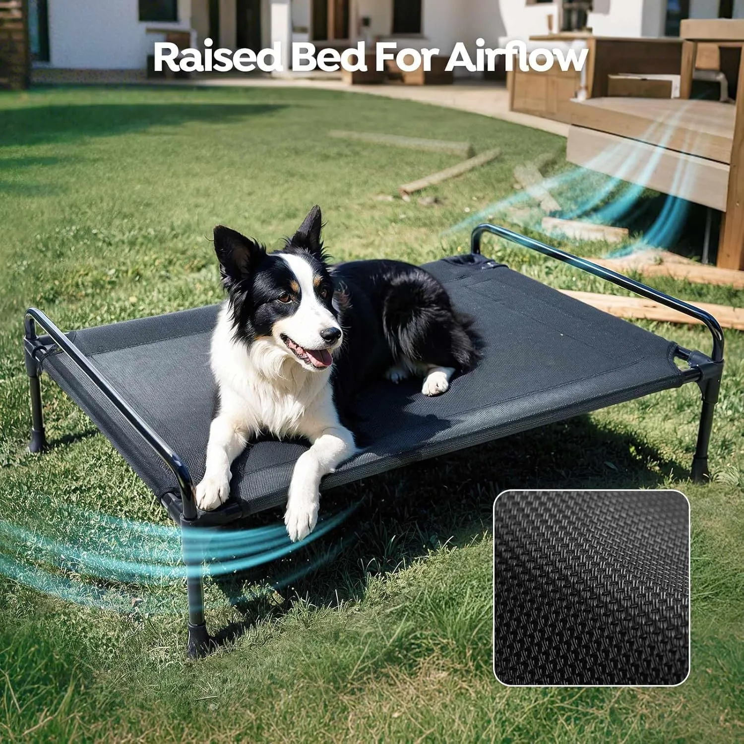 Veehoo Elevated Raised Dog Bed Waterproof Removable Pillow-Top Mat, Cooling Outdoor Dog Cot Bed with Railing for Large Sized Dogs-Pet Cot Dog Hammock Bed Elevated Dog Couch Ded with Bolster-41 x 27"