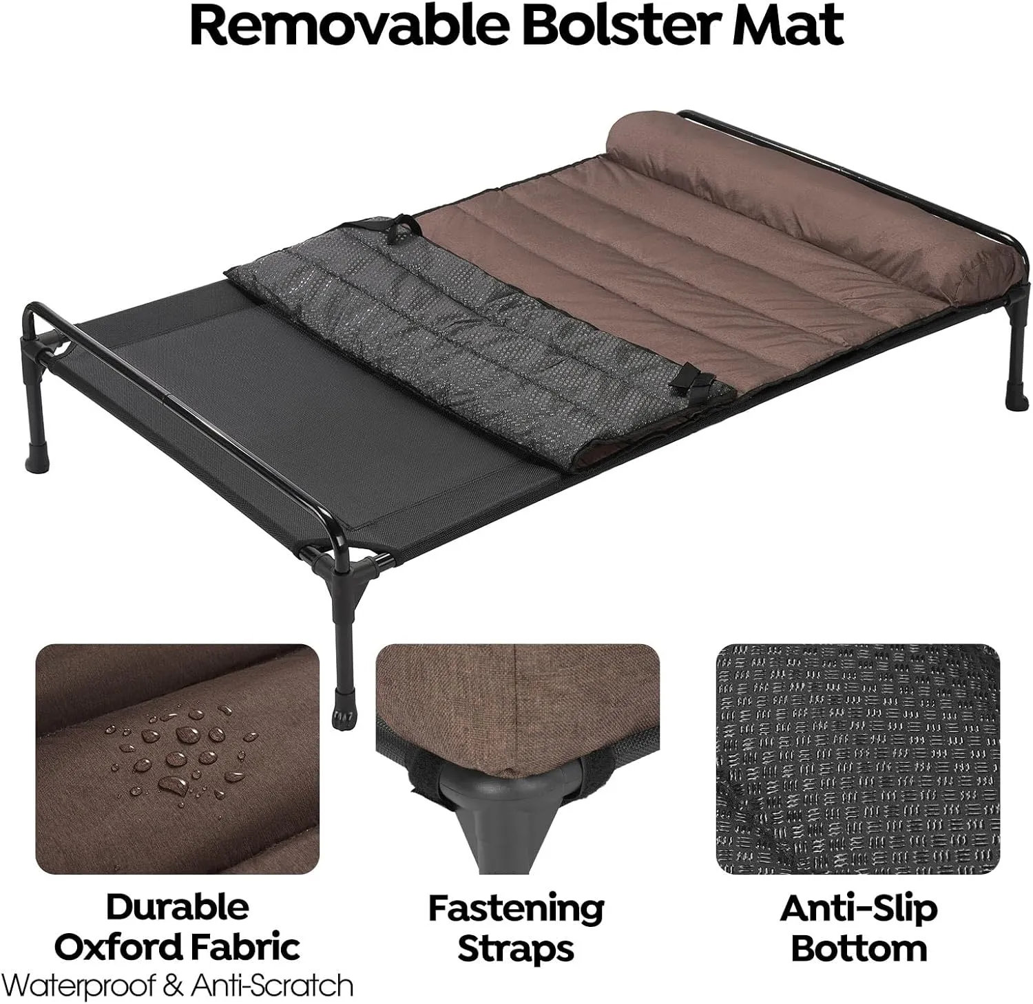 Veehoo Elevated Raised Dog Bed Waterproof Removable Pillow-Top Mat, Cooling Outdoor Dog Cot Bed with Railing for Large Sized Dogs-Pet Cot Dog Hammock Bed Elevated Dog Couch Ded with Bolster-41 x 27"