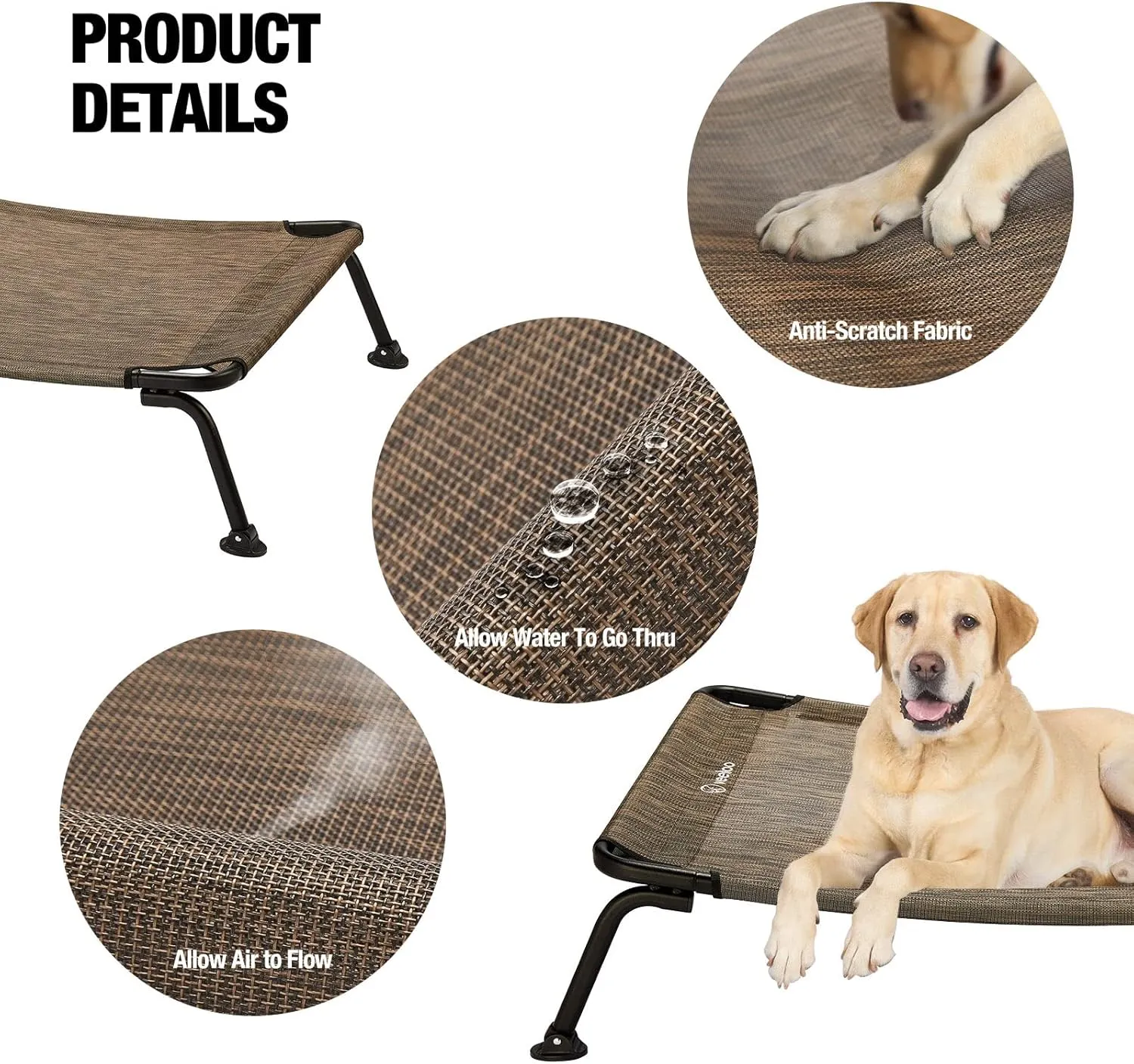 Veehoo Elevated Raised Dog Cot Beds, Curved Outdoor Dog Bed Elevated Dog Bed Off Ground Lifted Hammock Indoor Pet Bed with Breathable Teslin Mesh for Indoor Outdoor, up to 120lbs, Brown 42"