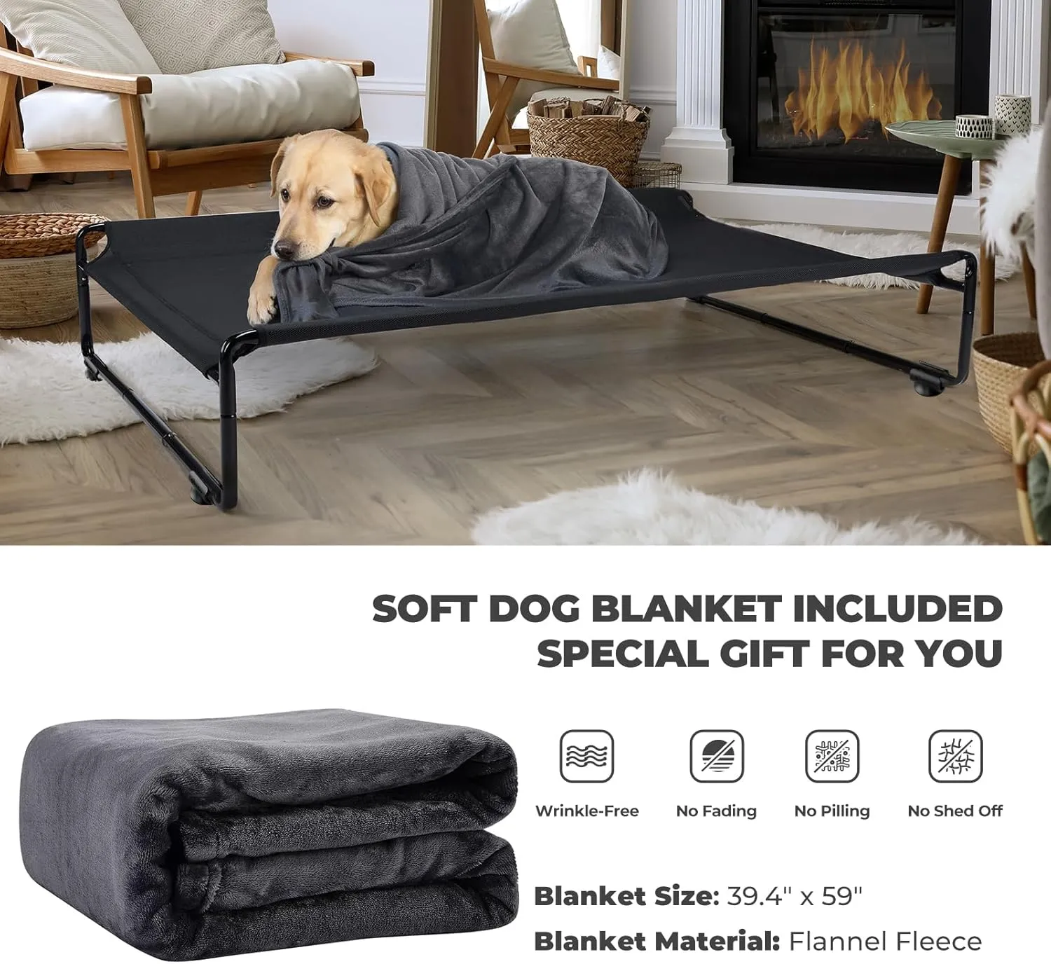 Veehoo Large Elevated Dog Bed with Flannel Dog Blanket, Outdoor Guardrail Raised Pet Cot for Large Dogs, Anti-Slip Camping Hammock Bed, Breathable Teslin Mesh Fabric, L, CWC2201B