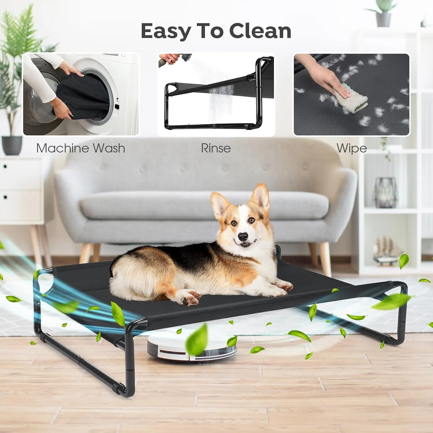 Veehoo Large Elevated Dog Bed with Flannel Dog Blanket, Outdoor Guardrail Raised Pet Cot for Large Dogs, Anti-Slip Camping Hammock Bed, Breathable Teslin Mesh Fabric, L, CWC2201B