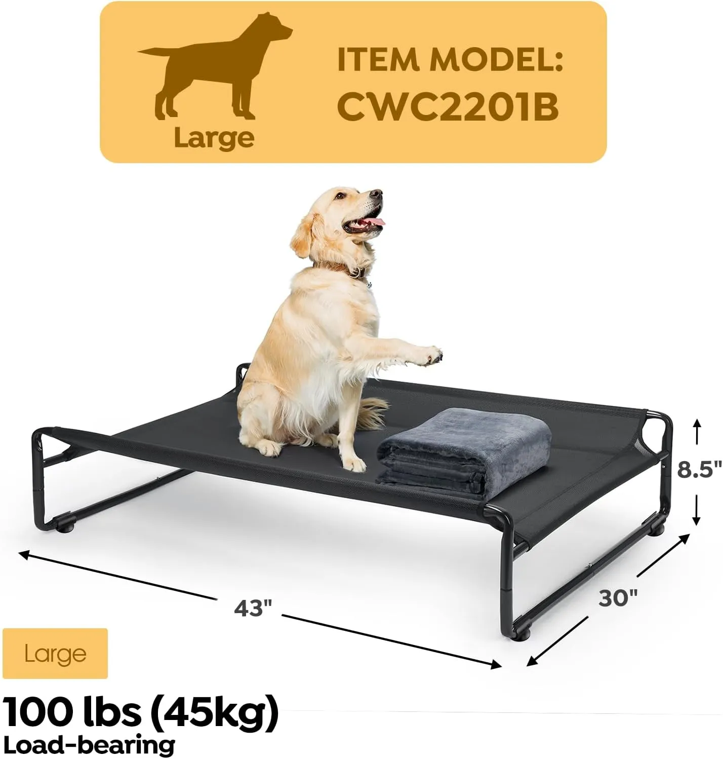 Veehoo Large Elevated Dog Bed with Flannel Dog Blanket, Outdoor Guardrail Raised Pet Cot for Large Dogs, Anti-Slip Camping Hammock Bed, Breathable Teslin Mesh Fabric, L, CWC2201B