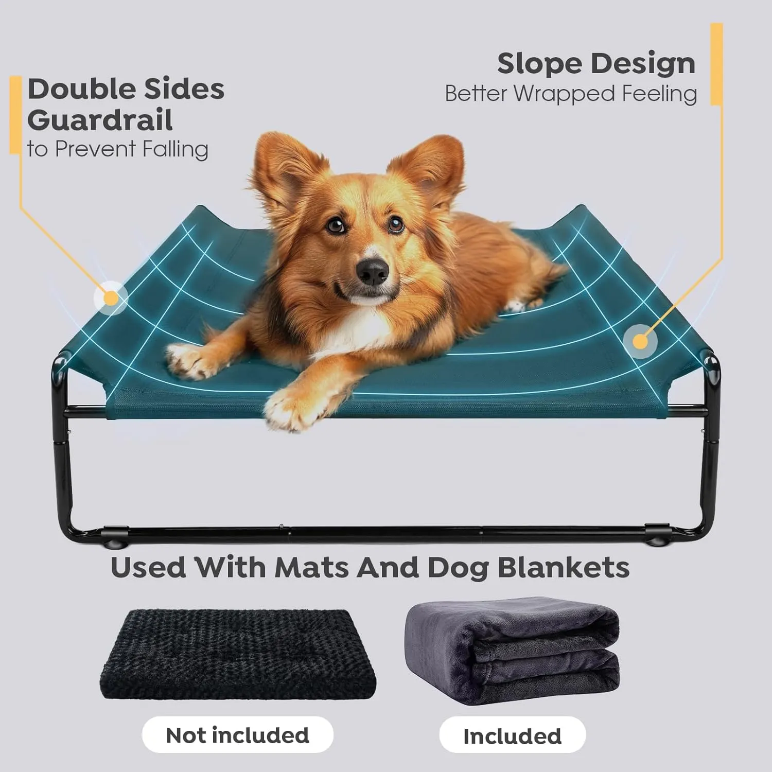 Veehoo Large Elevated Dog Bed with Flannel Dog Blanket, Outdoor Guardrail Raised Pet Cot for Large Dogs, Anti-Slip Camping Hammock Bed, Breathable Teslin Mesh Fabric, L, CWC2201B