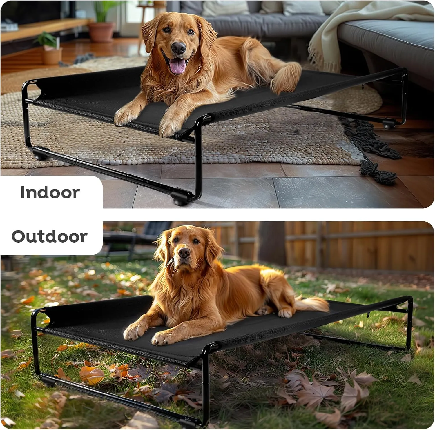 Veehoo Large Elevated Dog Bed with Flannel Dog Blanket, Outdoor Guardrail Raised Pet Cot for Large Dogs, Anti-Slip Camping Hammock Bed, Breathable Teslin Mesh Fabric, L, CWC2201B