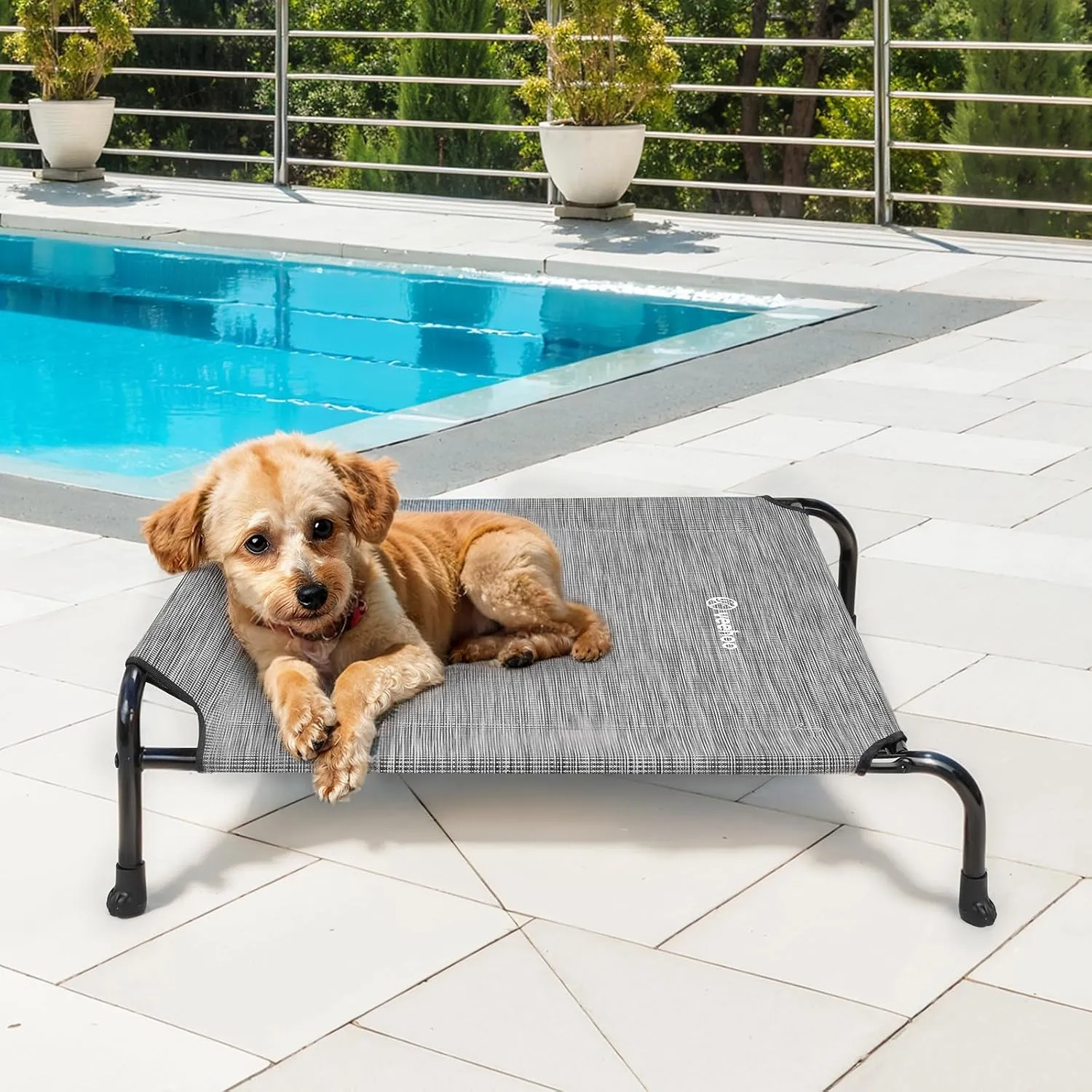 Veehoo Original Elevated Dog Bed - Outdoor Raised Dog Cot Bed for Small Dogs, One-Sided Raised Headboard Cooling Pet Bed, Dog Sleeping Training Cot, Non-Slip & Breathable, M, CWC2417A, Black Silver