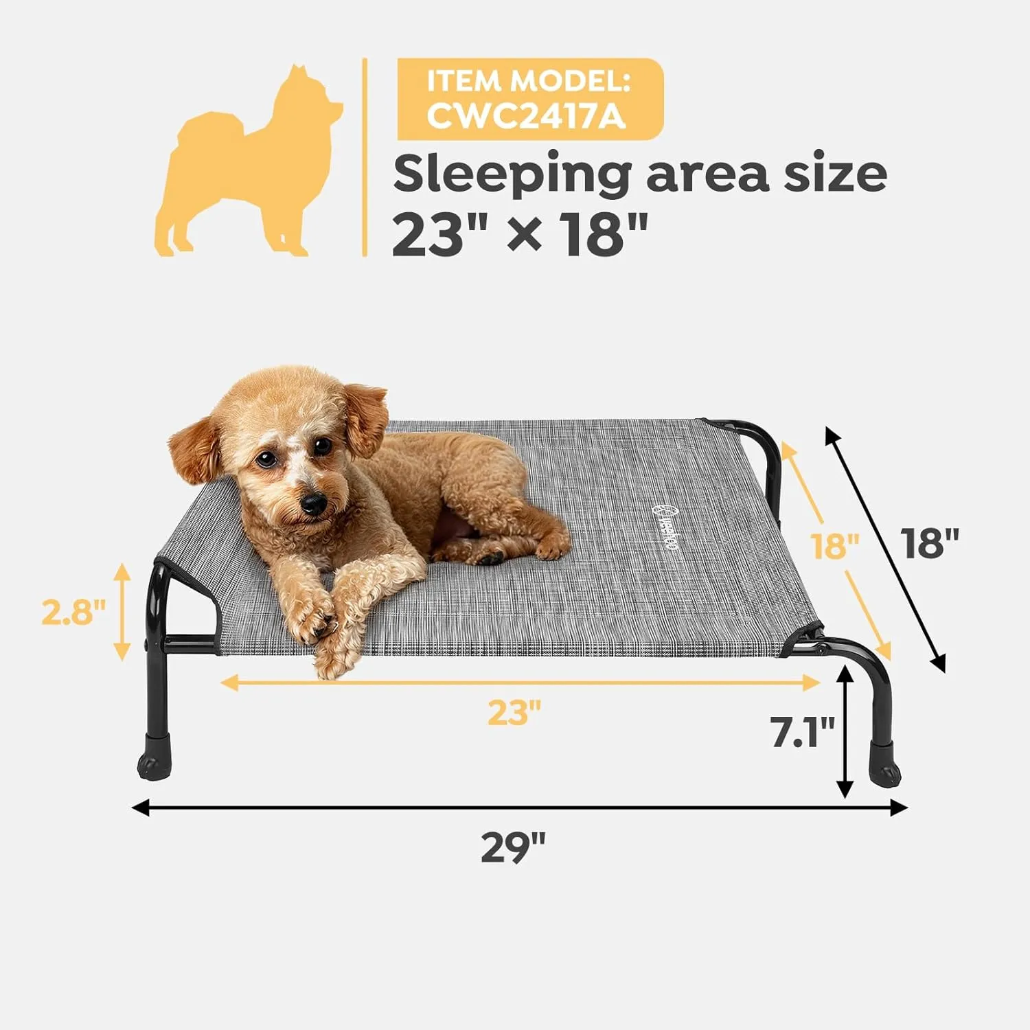 Veehoo Original Elevated Dog Bed - Outdoor Raised Dog Cot Bed for Small Dogs, One-Sided Raised Headboard Cooling Pet Bed, Dog Sleeping Training Cot, Non-Slip & Breathable, M, CWC2417A, Black Silver