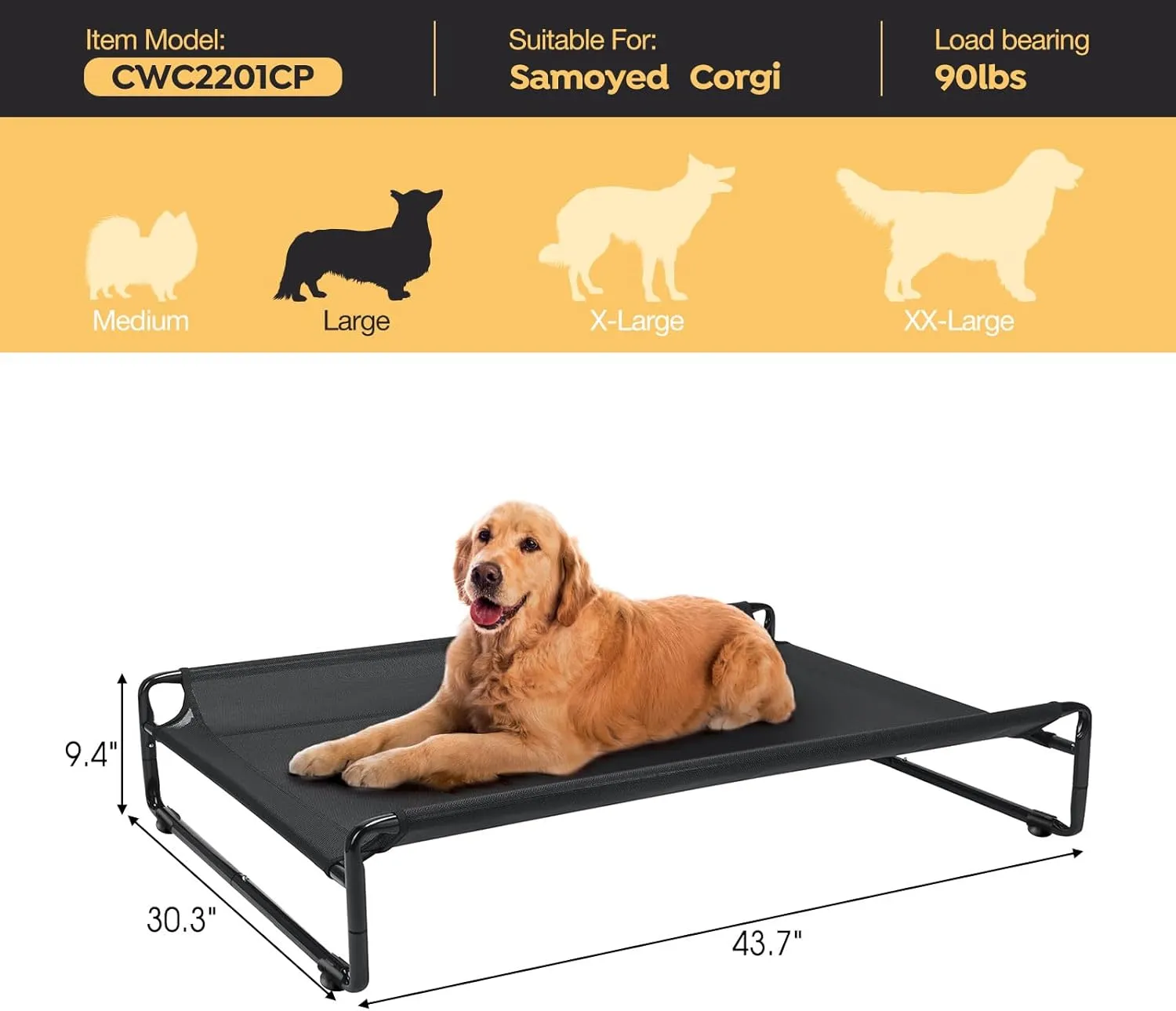 Veehoo Original Outdoor Elevated Dog Bed, Cooling Raised Dog Cot for Large Dogs, Portable Standing Pet Hammock Platform with Washable Breathable Mesh, No-Slip Feet, Large, Black, CWC2201