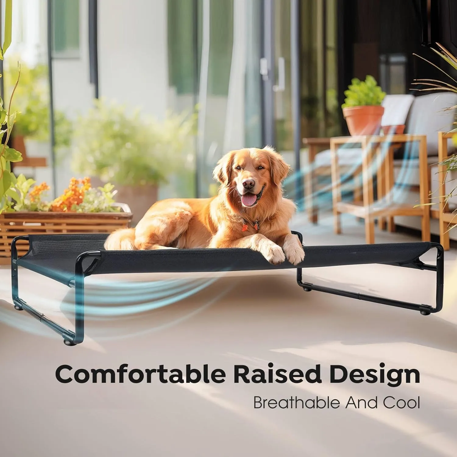 Veehoo Original Outdoor Elevated Dog Bed, Cooling Raised Dog Cot for Large Dogs, Portable Standing Pet Hammock Platform with Washable Breathable Mesh, No-Slip Feet, Large, Black, CWC2201