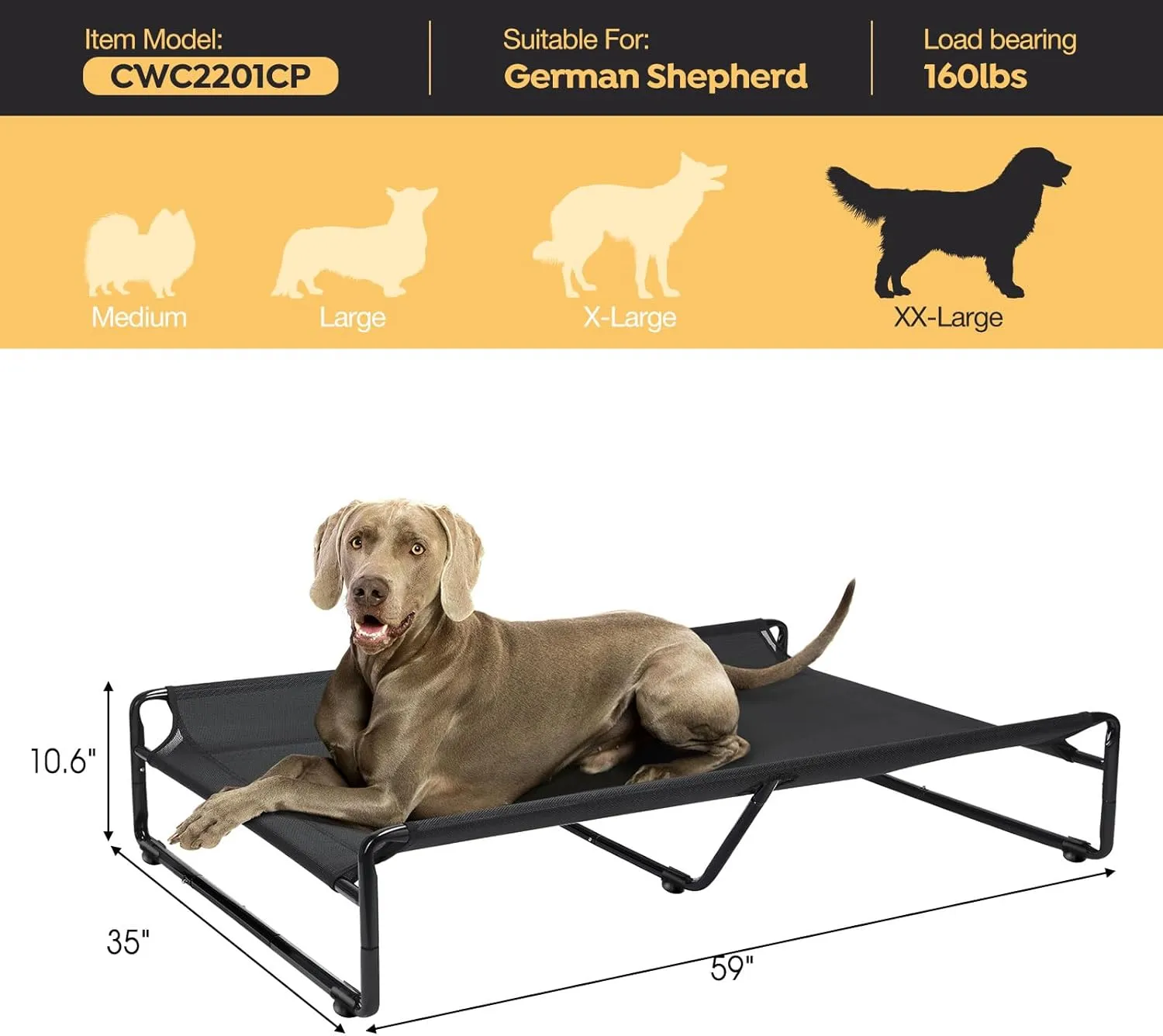 Veehoo Original Outdoor Elevated Dog Bed, Cooling Raised Dog Cot for Large Dogs, Portable Standing Pet Hammock Platform with Washable Breathable Mesh, No-Slip Feet, XX-Large, Black, CWC2201