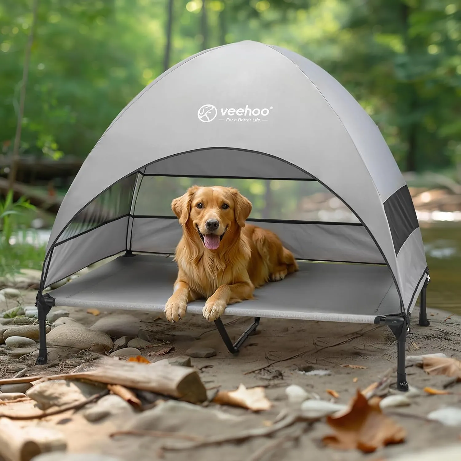 Veehoo Outdoor Dog Bed with Canopy, Cooling Elevated Pet Cot with Removable Shade, Non-Slip Feet, Raised Dog Cot for Large Dogs, Pet Tent Bed for Camping, Beach, XLarge, Grey, CWC2411