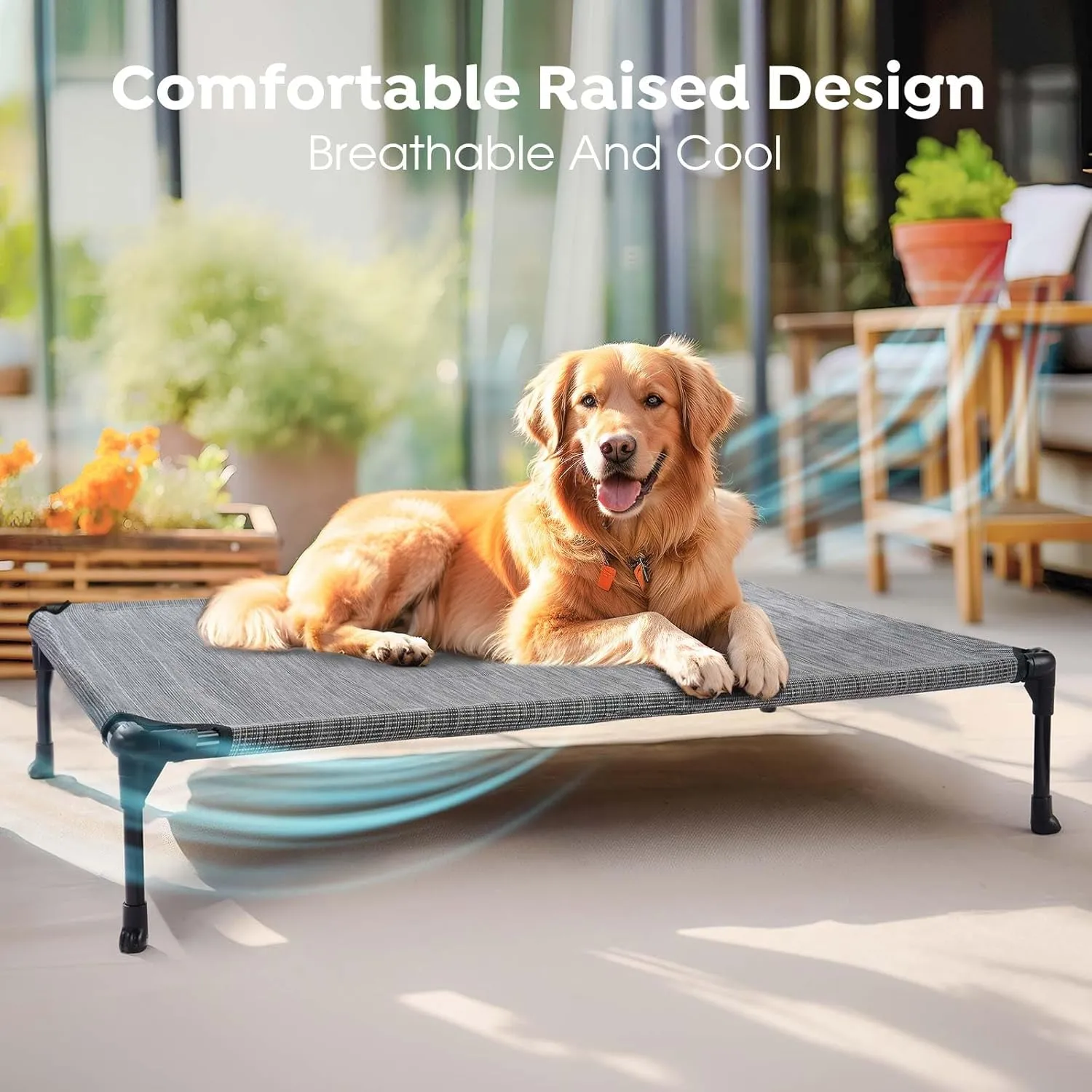 Veehoo Outdoor Elevated Dog Cot Bed, Cooling Raised Pet Bed for Large Dogs, Washable Breathable Mesh Hammock Bed with No-Slip Feet, Indestructible Ground Off Training Platform Cot-42"x30" Black Silver