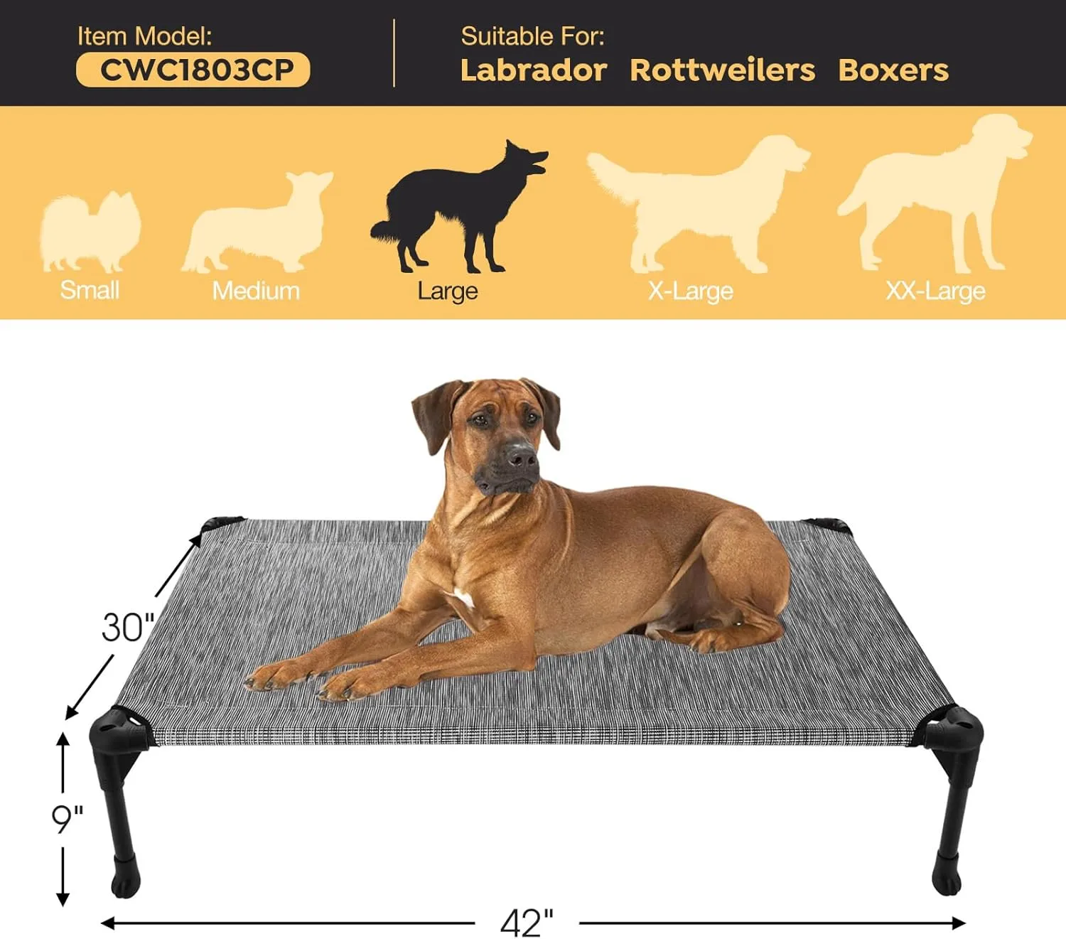 Veehoo Outdoor Elevated Dog Cot Bed, Cooling Raised Pet Bed for Large Dogs, Washable Breathable Mesh Hammock Bed with No-Slip Feet, Indestructible Ground Off Training Platform Cot-42"x30" Black Silver