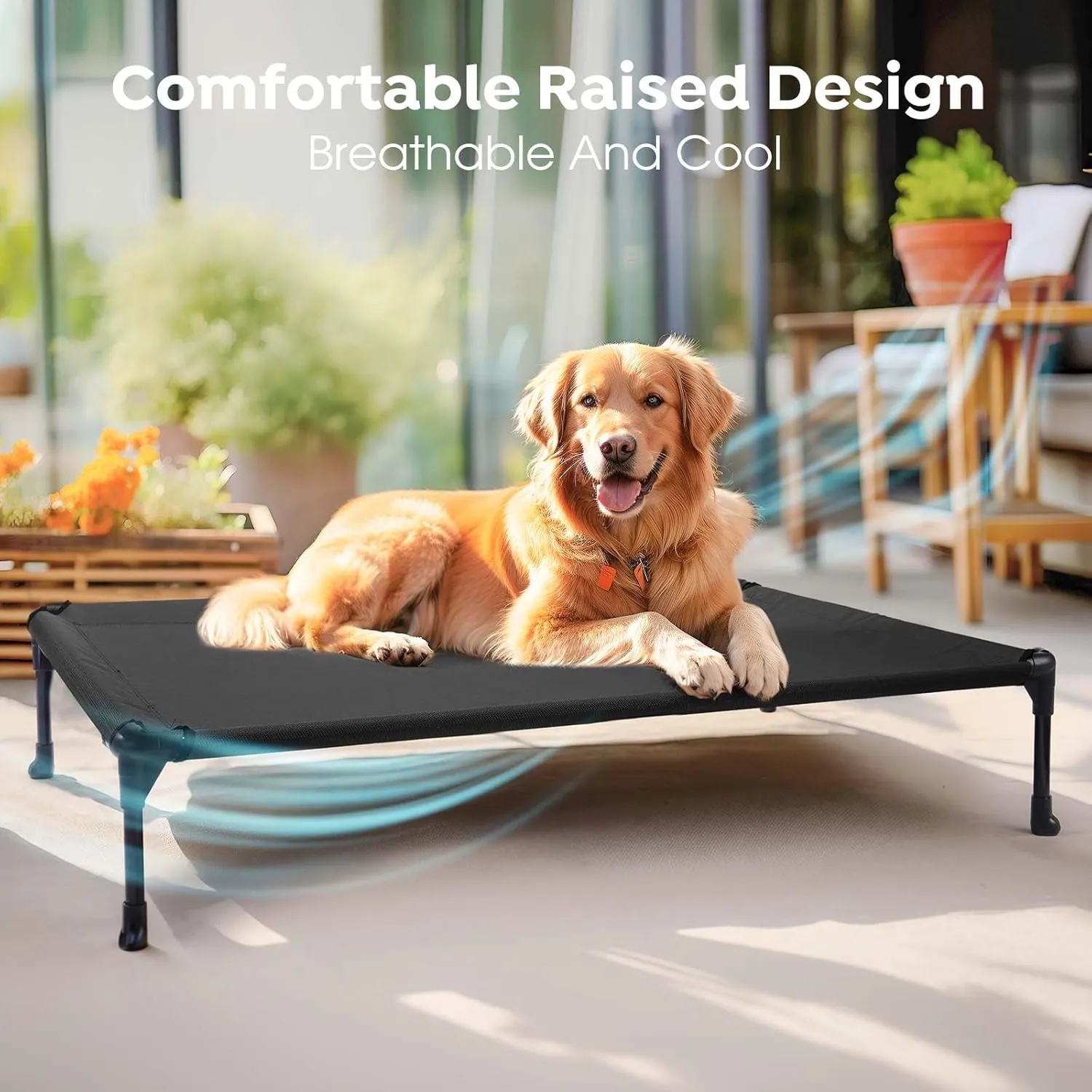 Veehoo Outdoor Elevated Dog Cot Bed, Cooling Raised Pet Bed for Large Dogs, Washable Breathable Mesh Hammock Bed with No-Slip Feet, Indestructible Ground Off Training Platform Cot-42"x30" Black