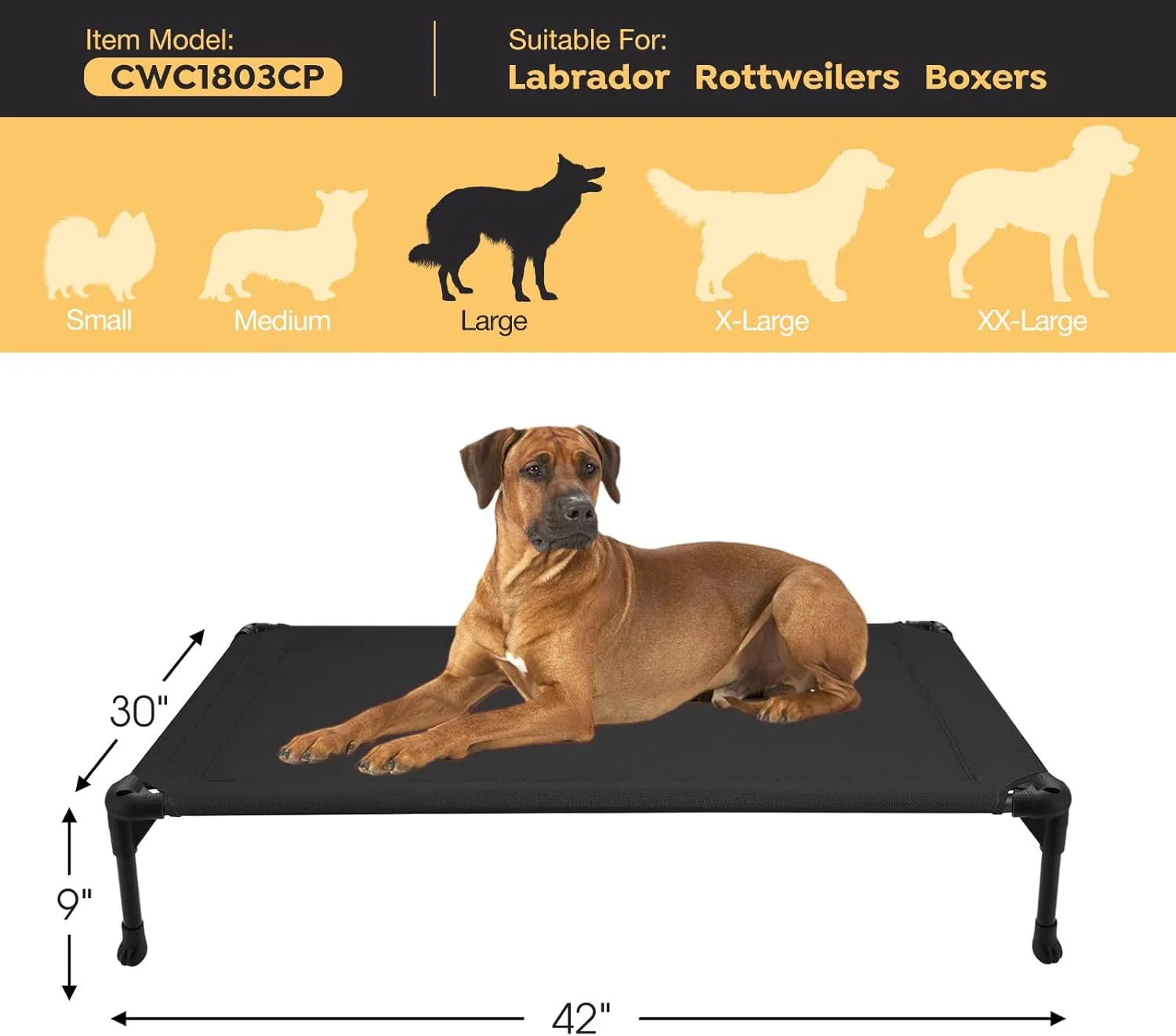 Veehoo Outdoor Elevated Dog Cot Bed, Cooling Raised Pet Bed for Large Dogs, Washable Breathable Mesh Hammock Bed with No-Slip Feet, Indestructible Ground Off Training Platform Cot-42"x30" Black