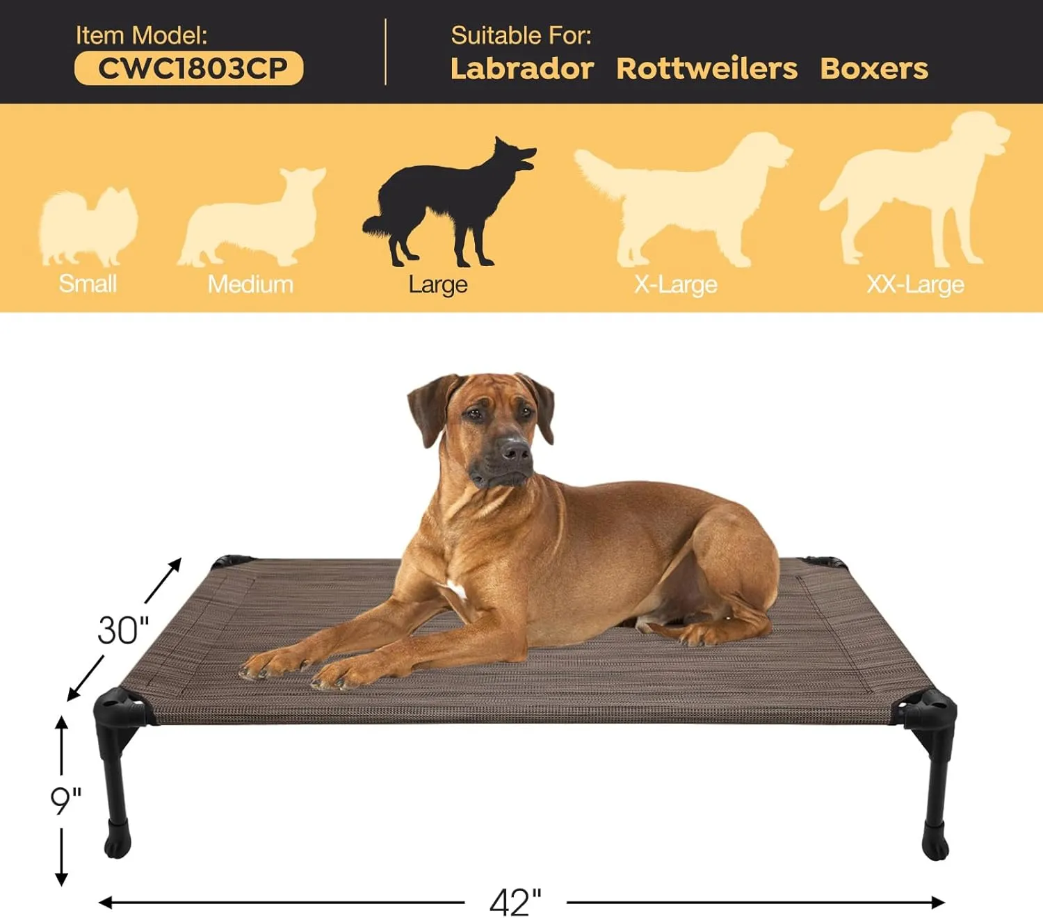 Veehoo Outdoor Elevated Dog Cot Bed, Cooling Raised Pet Bed for Large Dogs, Washable Breathable Mesh Hammock Bed with No-Slip Feet, Indestructible Ground Off Training Platform Cot-42"x30" Brown
