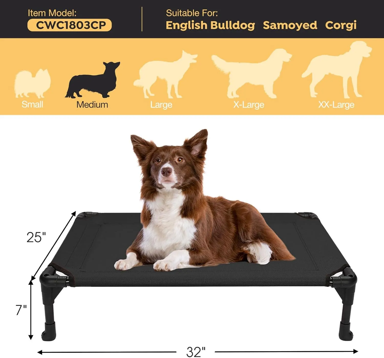 Veehoo Outdoor Elevated Dog Cot Bed, Cooling Raised Pet Bed for Medium Dogs, Washable Breathable Mesh Hammock Bed with No-Slip Feet, Indestructible Ground Off Training Platform Cot-32"x25" Black