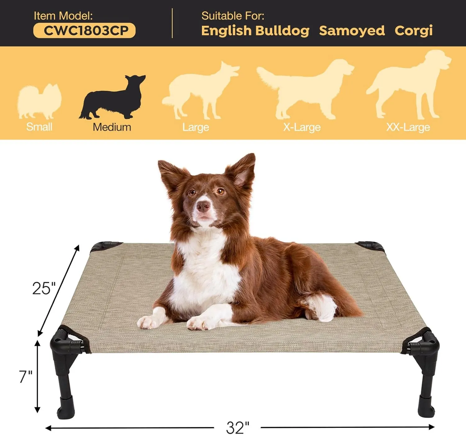 Veehoo Outdoor Elevated Dog Cot Bed, Cooling Raised Pet Bed for Medium Dogs, Washable Breathable Mesh Hammock Bed with No-Slip Feet, Indestructible Ground Off Training Platform Cot-32"x25"Beige Coffee