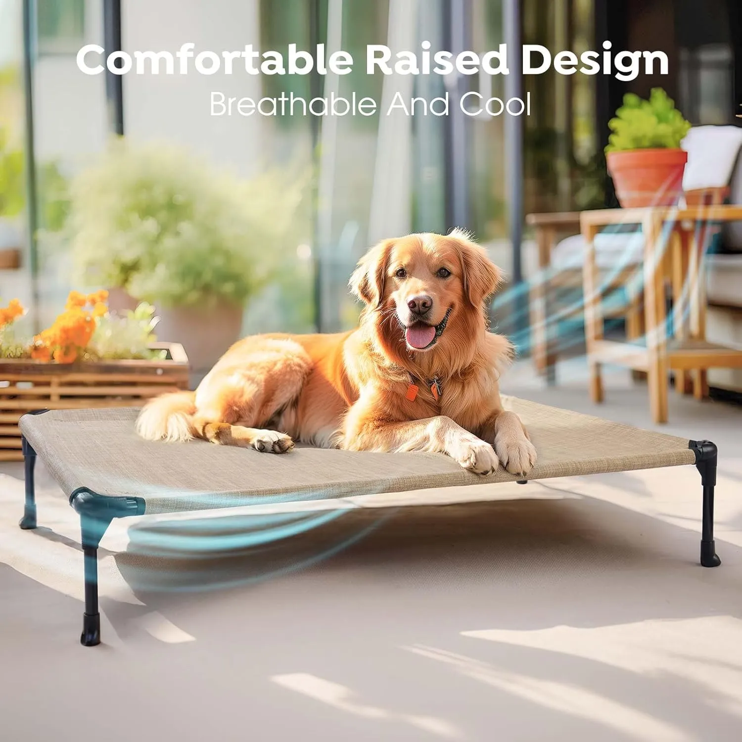 Veehoo Outdoor Elevated Dog Cot Bed, Cooling Raised Pet Bed for Medium Dogs, Washable Breathable Mesh Hammock Bed with No-Slip Feet, Indestructible Ground Off Training Platform Cot-32"x25"Beige Coffee